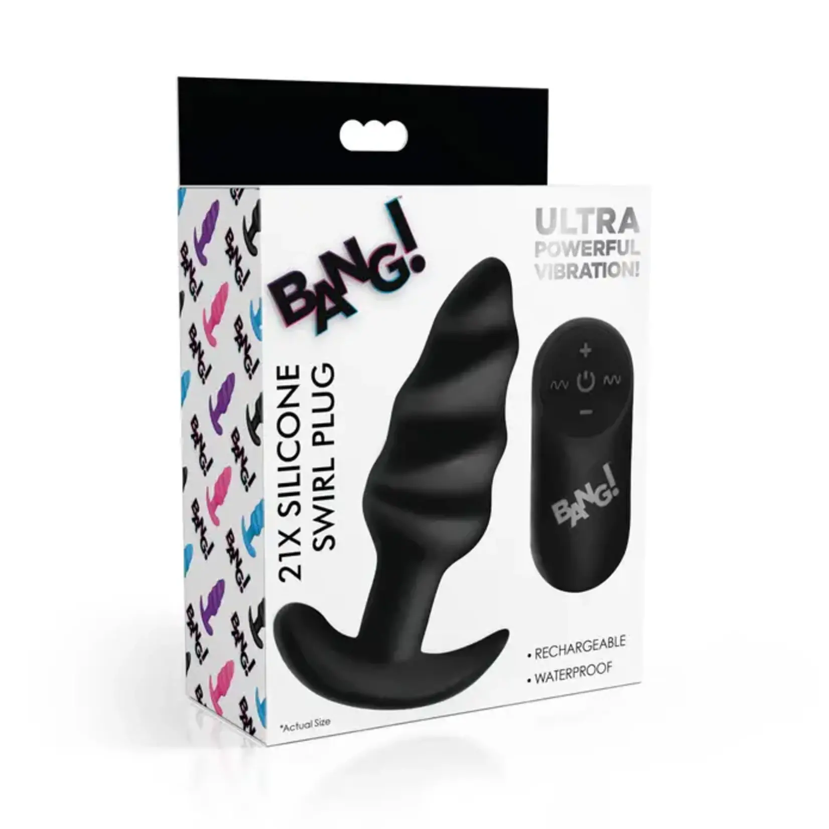Bang! 21x Vibrating Silicone Rechargeable Swirl Butt Plug With Remote Control - Black
