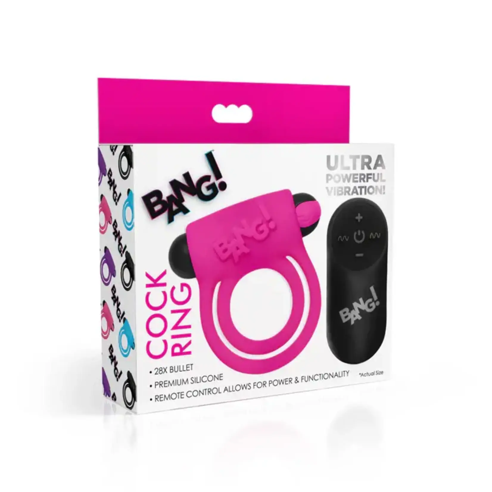 Bang! Silicone Rechargeable Cock Ring And Bullet With Remote Control - Pink