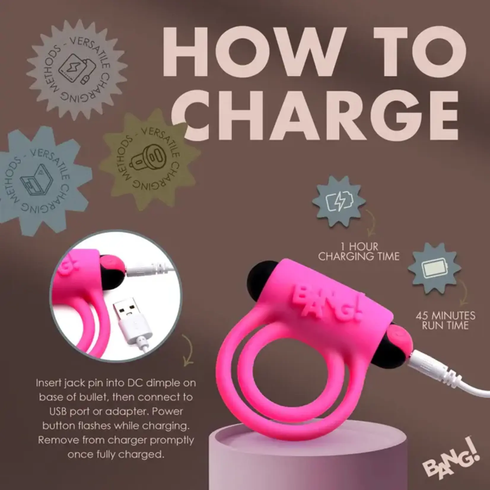 Bang! Silicone Rechargeable Cock Ring And Bullet With Remote Control - Pink
