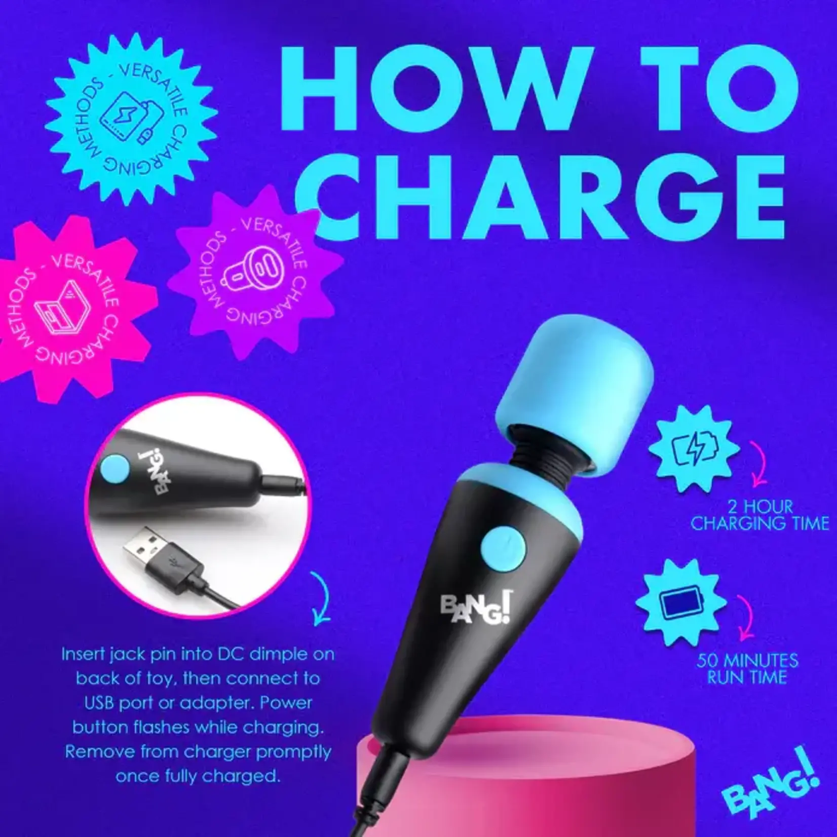 Bang! 10X Vibrating Mini Rechargeable Silicone Wand Massager - Blue