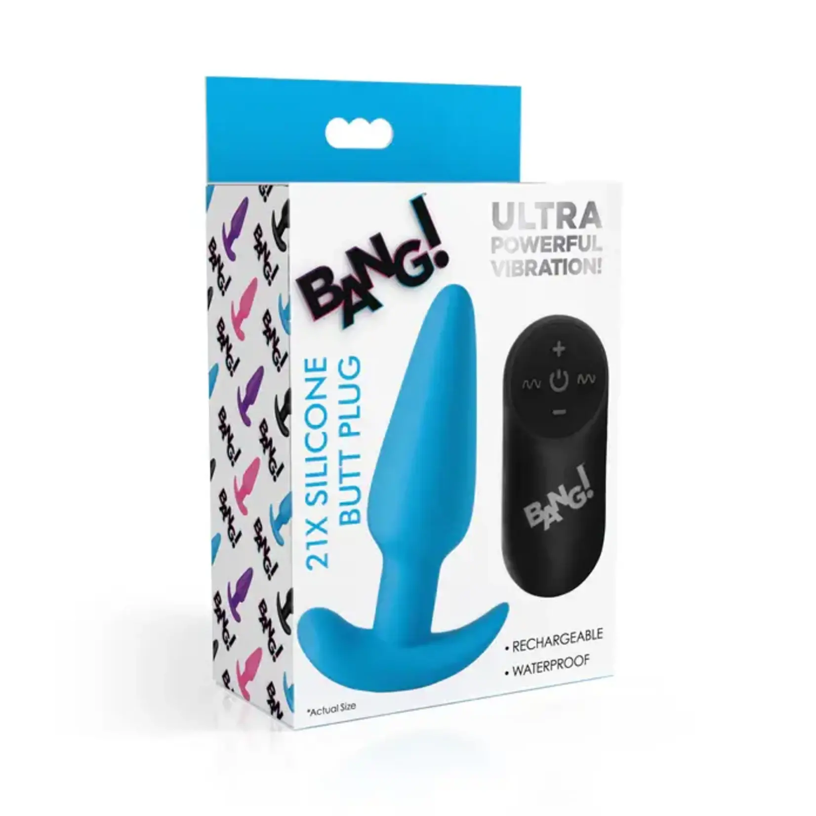Bang! 21x Vibrating Silicone Rechargeable Butt Plug with Remote Control - Blue