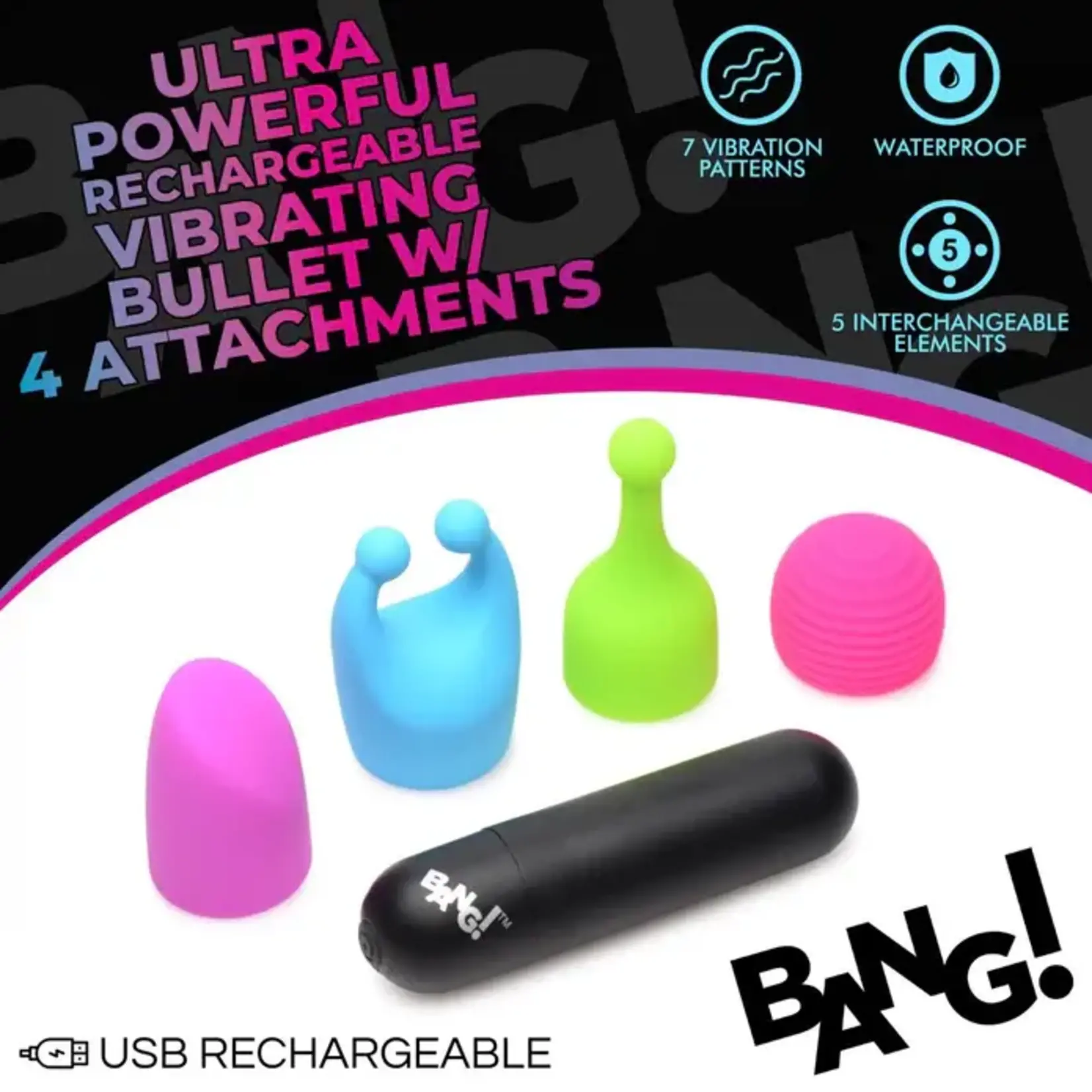 Bang! Rechargeable Bullet with 4 Attachments - Black