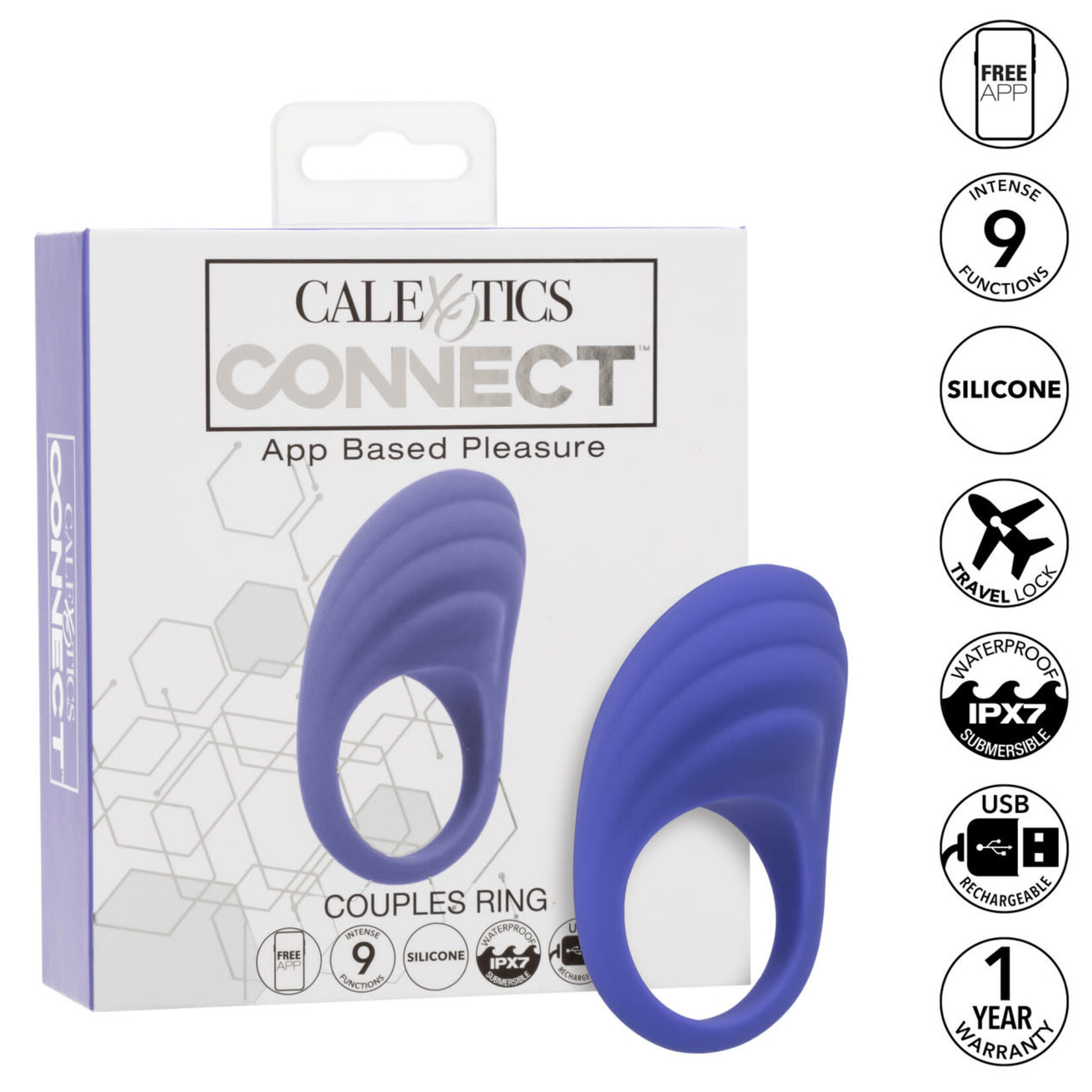 CalExotics Connect Couples Ring Rechargeable Silicone App Compatible Cock Ring with Remote - Purple