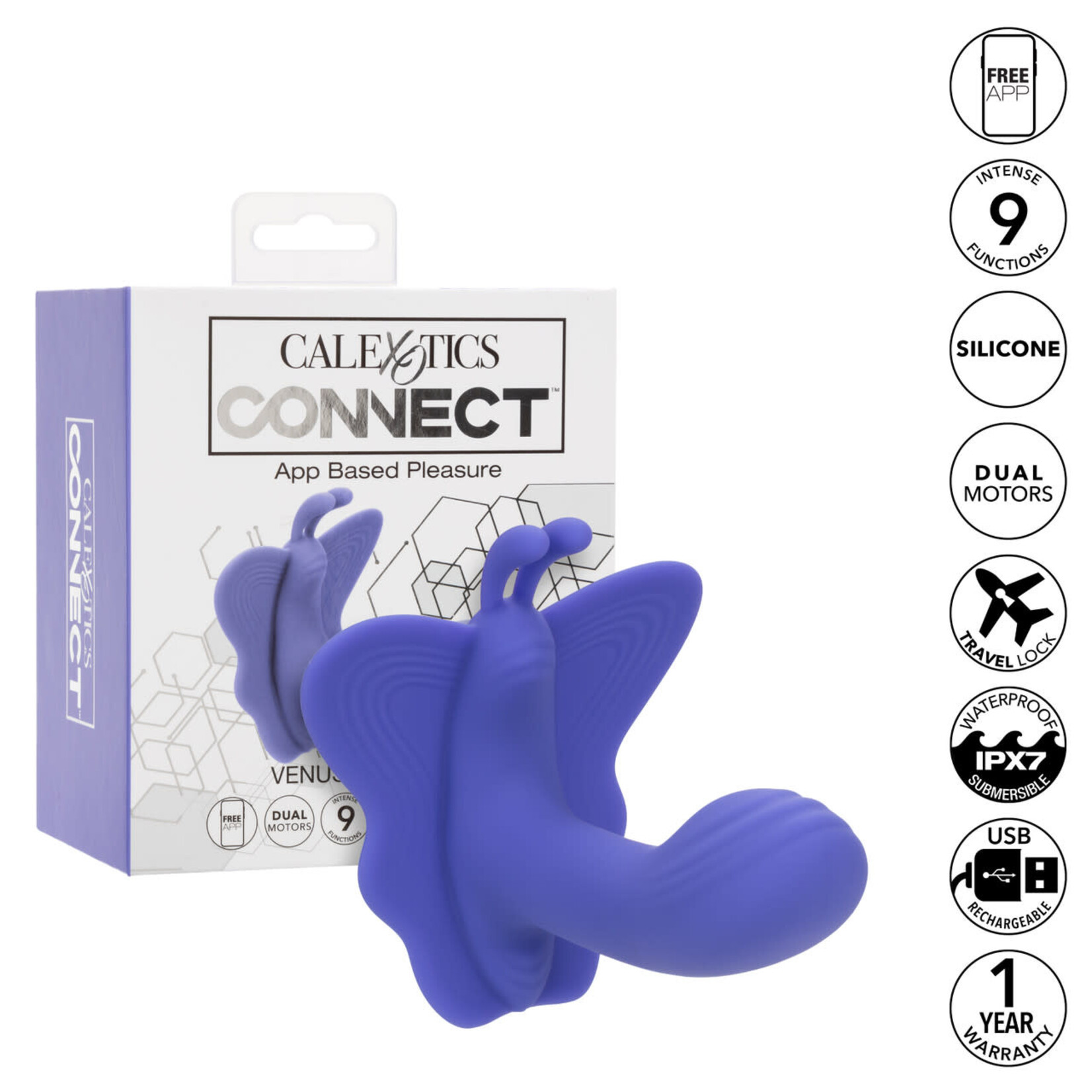 CalExotics Connect Venus Butterfly Rechargeable Silicone App Compatible Stimulator with Remote - Purple