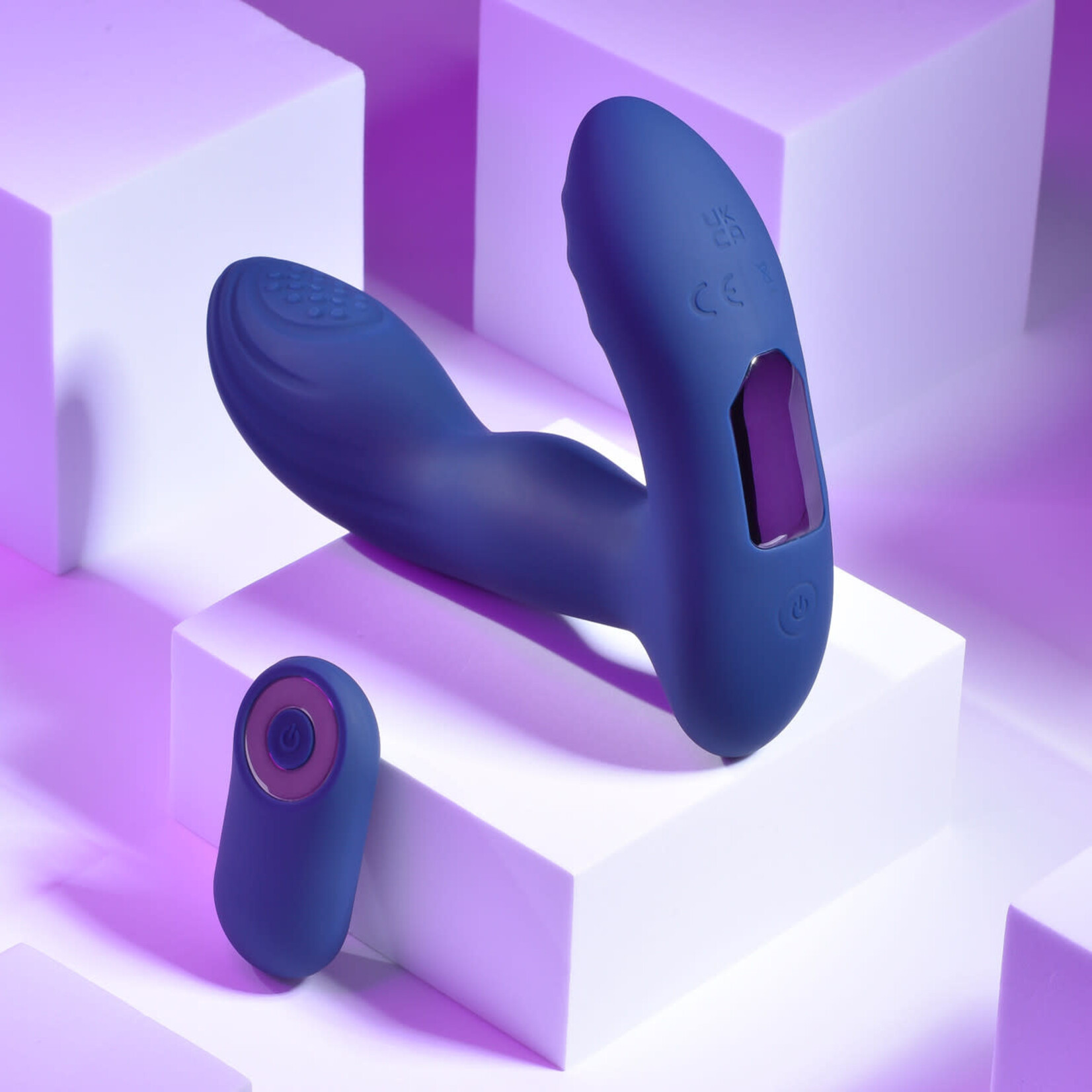 Playboy Pleasure Pleaser Rechargeable Silicone Vibrating Warming Prostate Massager with Remote Control - Blue