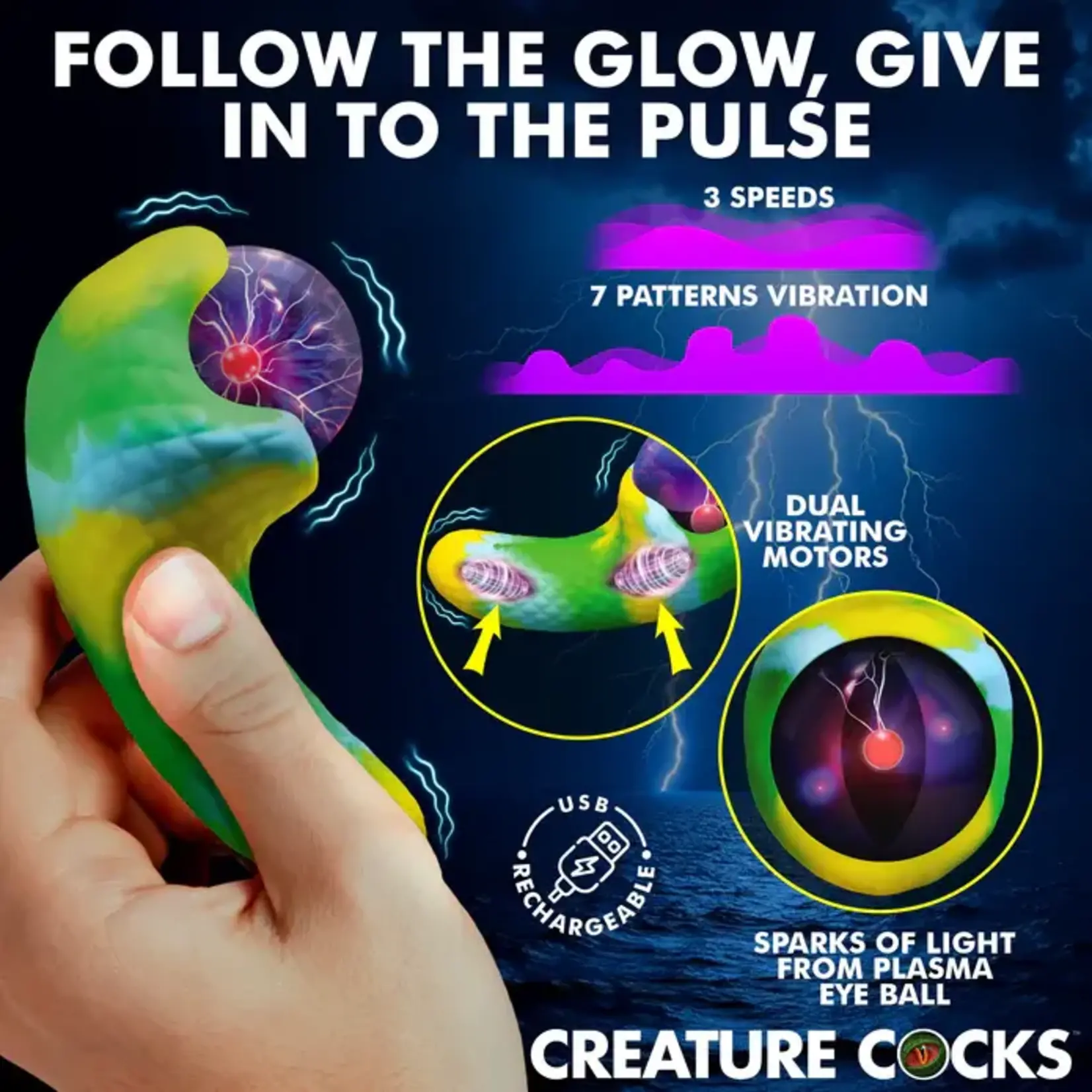 Creature Cocks Electric Eye Plasma Rechargeable Silicone Light-Up Vibrator - Green/Yellow