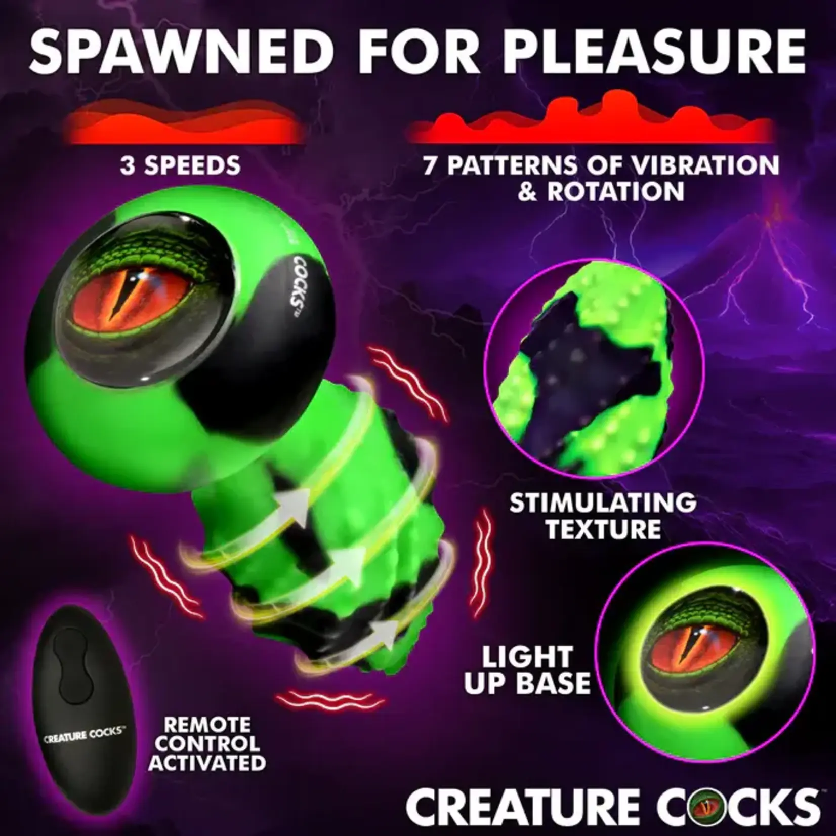 Creature Cocks Eye of the Spawn Rechargeable Silicone Vibrating & Squirming Butt Plug with Remote - Green