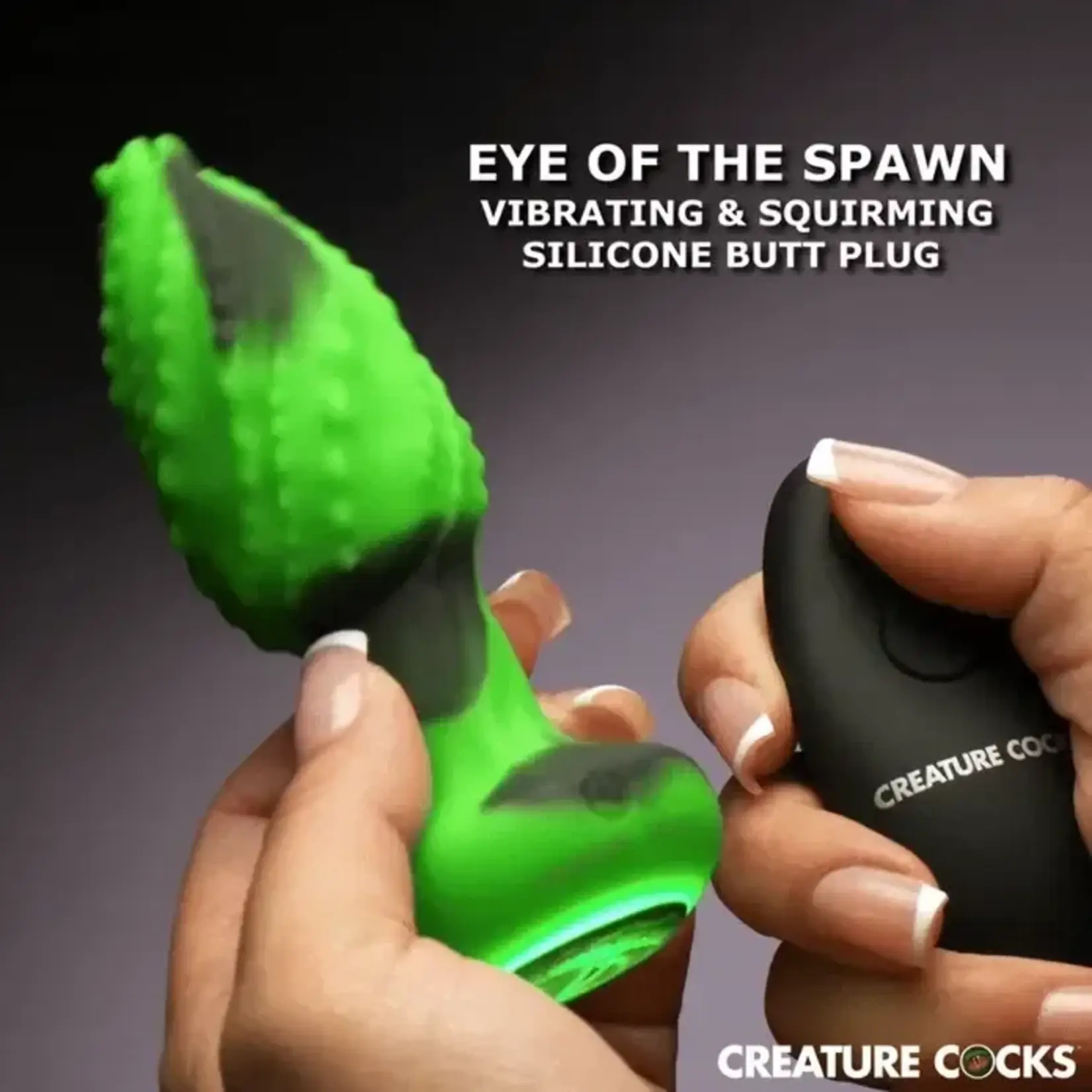Creature Cocks Eye of the Spawn Rechargeable Silicone Vibrating & Squirming Butt Plug with Remote - Green
