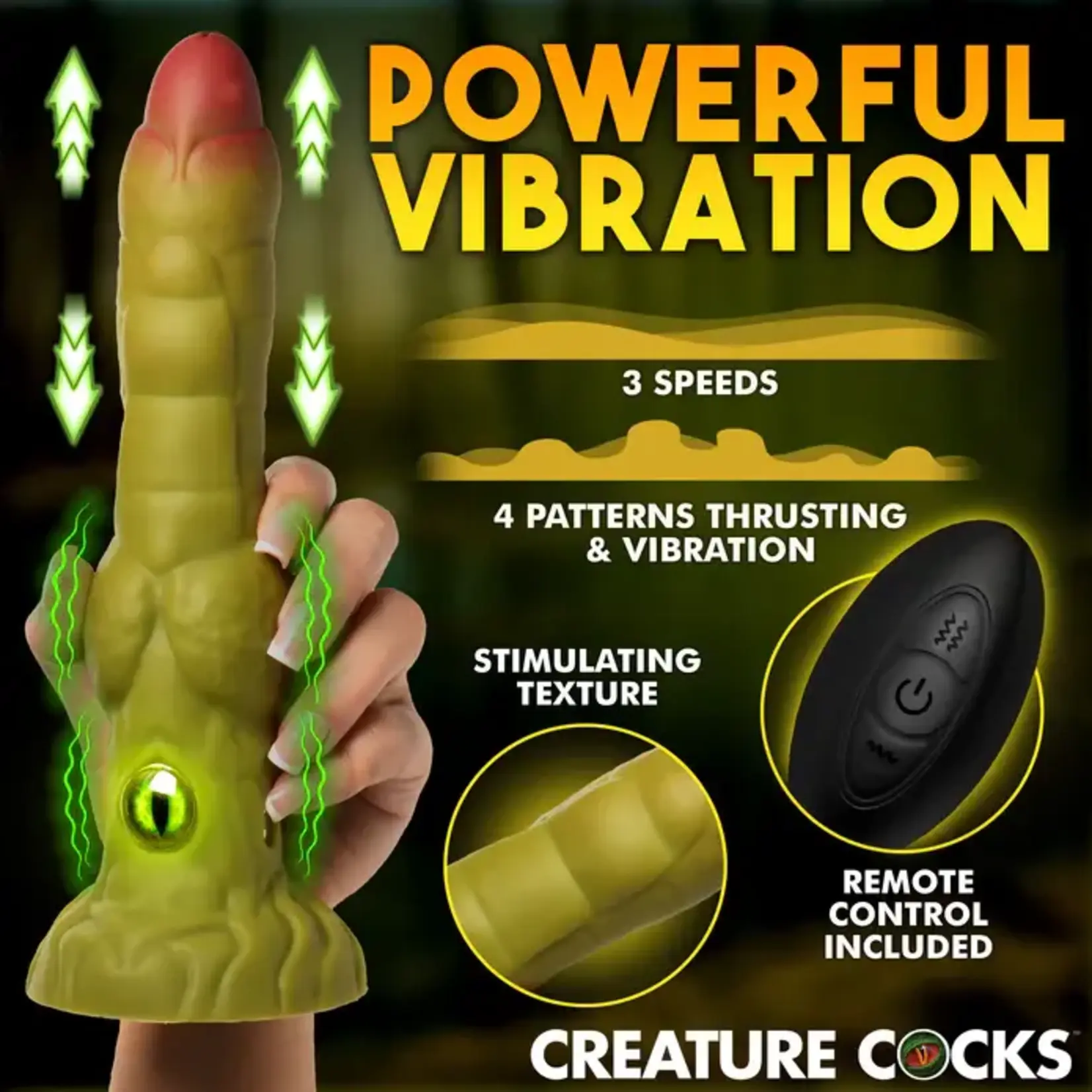 Creature Cocks Eyegor Thrusting & Vibrating Rechargeable Silicone Dildo - Green