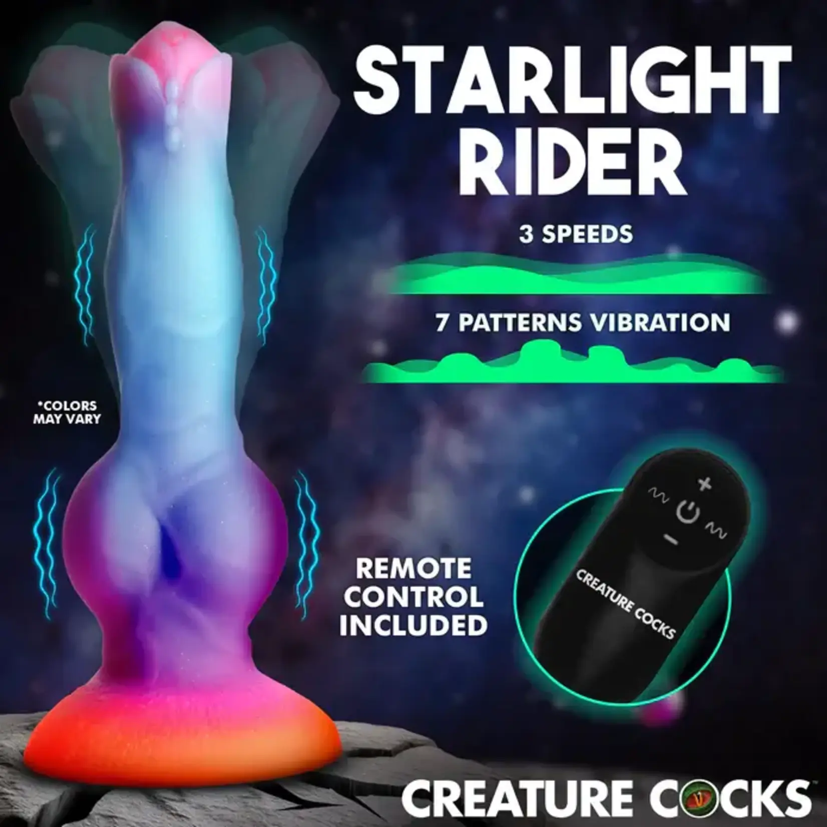 Creature Cocks Astro Cock Vibrating Glow-in-the-Dark Silicone Dildo - Multicolor