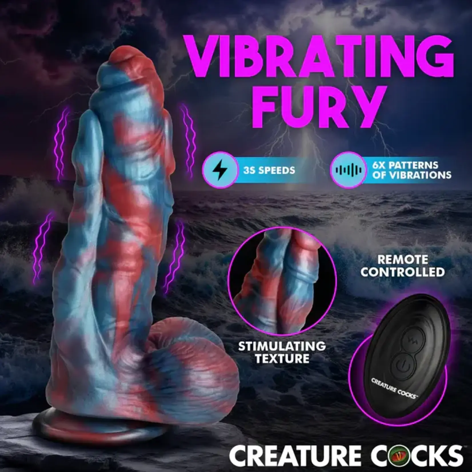 Creature Cocks Hydra X Vibrating Rechargeable Silicone Dildo with Remote - Blue/Red