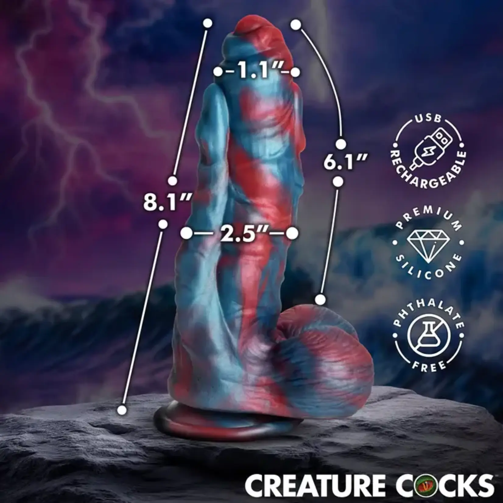 Creature Cocks Hydra X Vibrating Rechargeable Silicone Dildo with Remote - Blue/Red