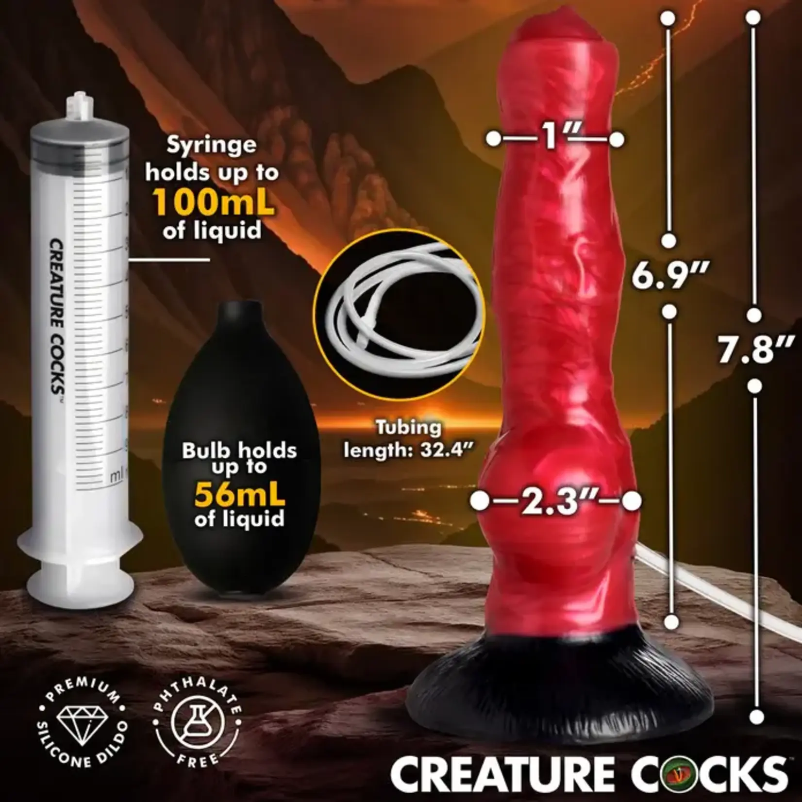 Creature Cocks Hell Hound Squirting Silicone Dildo - Red/Black