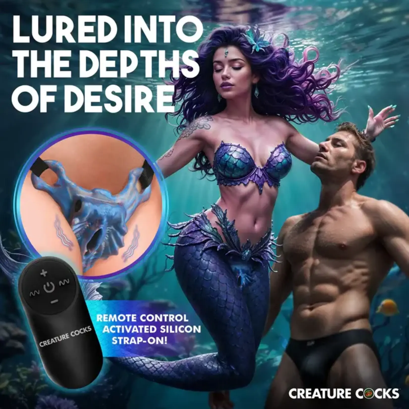 Creature Cocks Siren Snatch Silicone Rechargeable Bullet Strap-On - Blue/Gold