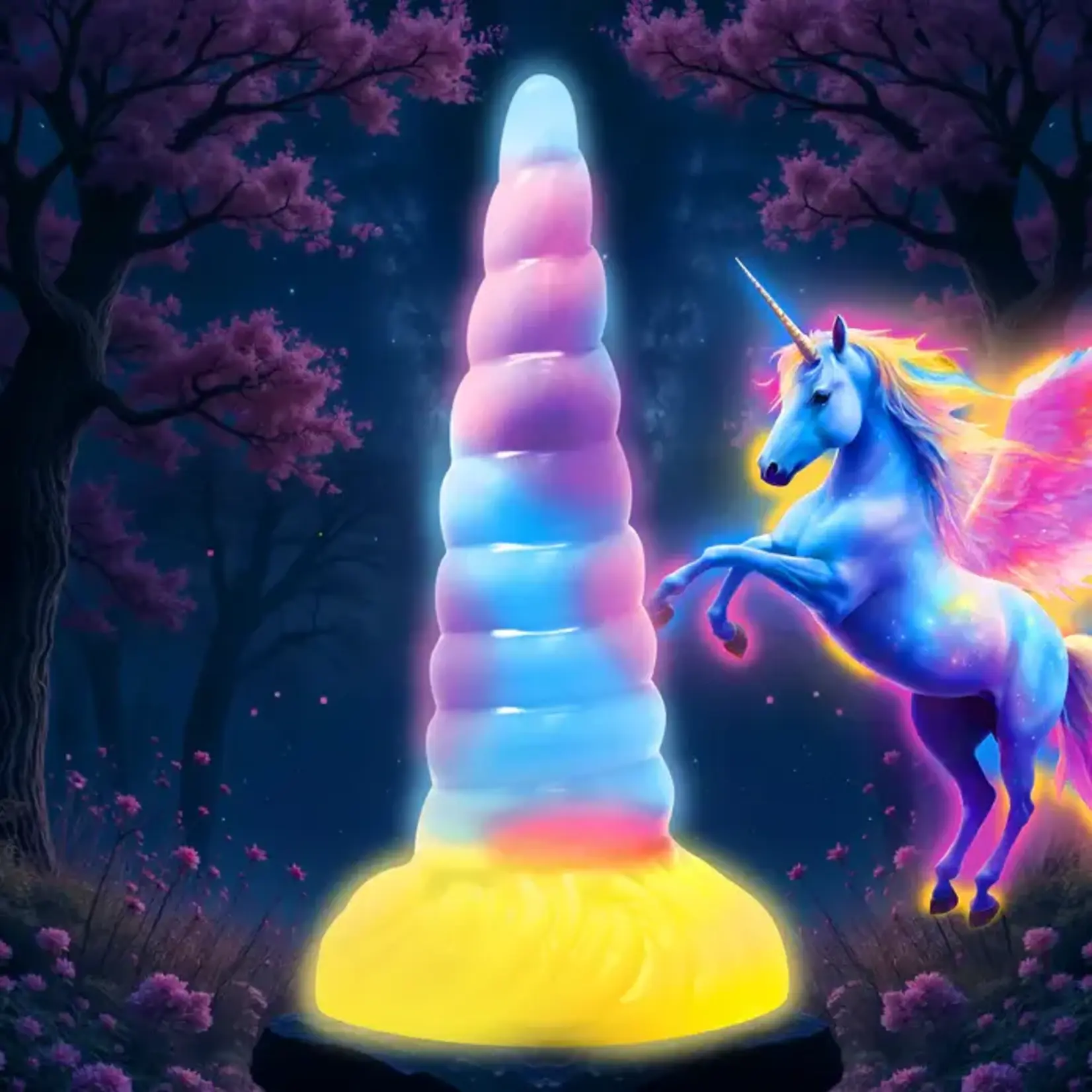 Creature Cocks Unicorn Glow-in-the-Dark Vibrating Rechargeable Silicone Dildo - Multicolor