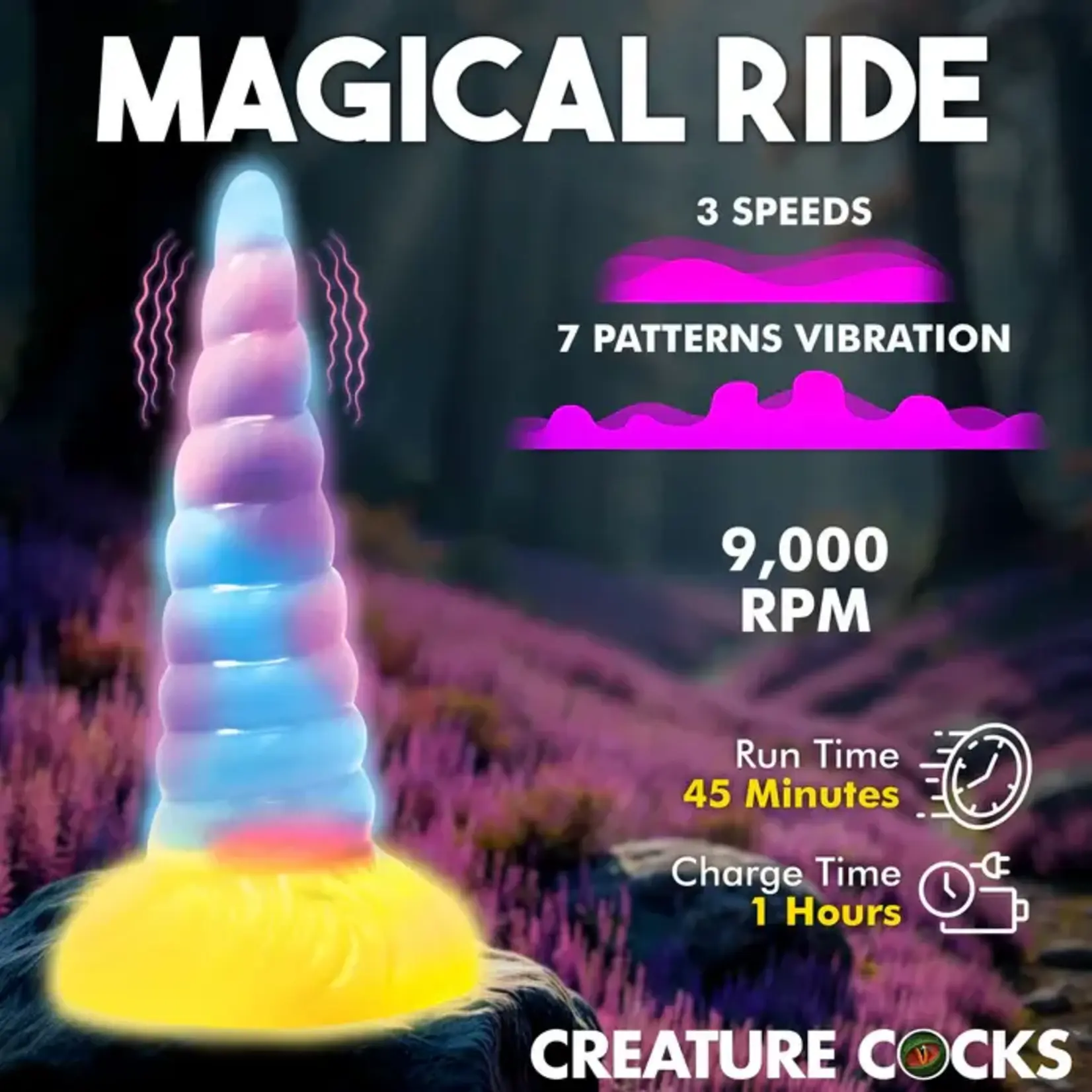 Creature Cocks Unicorn Glow-in-the-Dark Vibrating Rechargeable Silicone Dildo - Multicolor