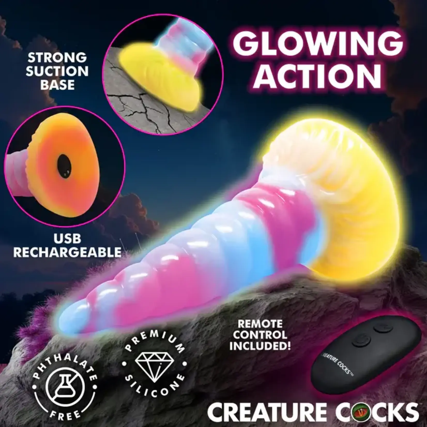 Creature Cocks Unicorn Glow-in-the-Dark Vibrating Rechargeable Silicone Dildo - Multicolor