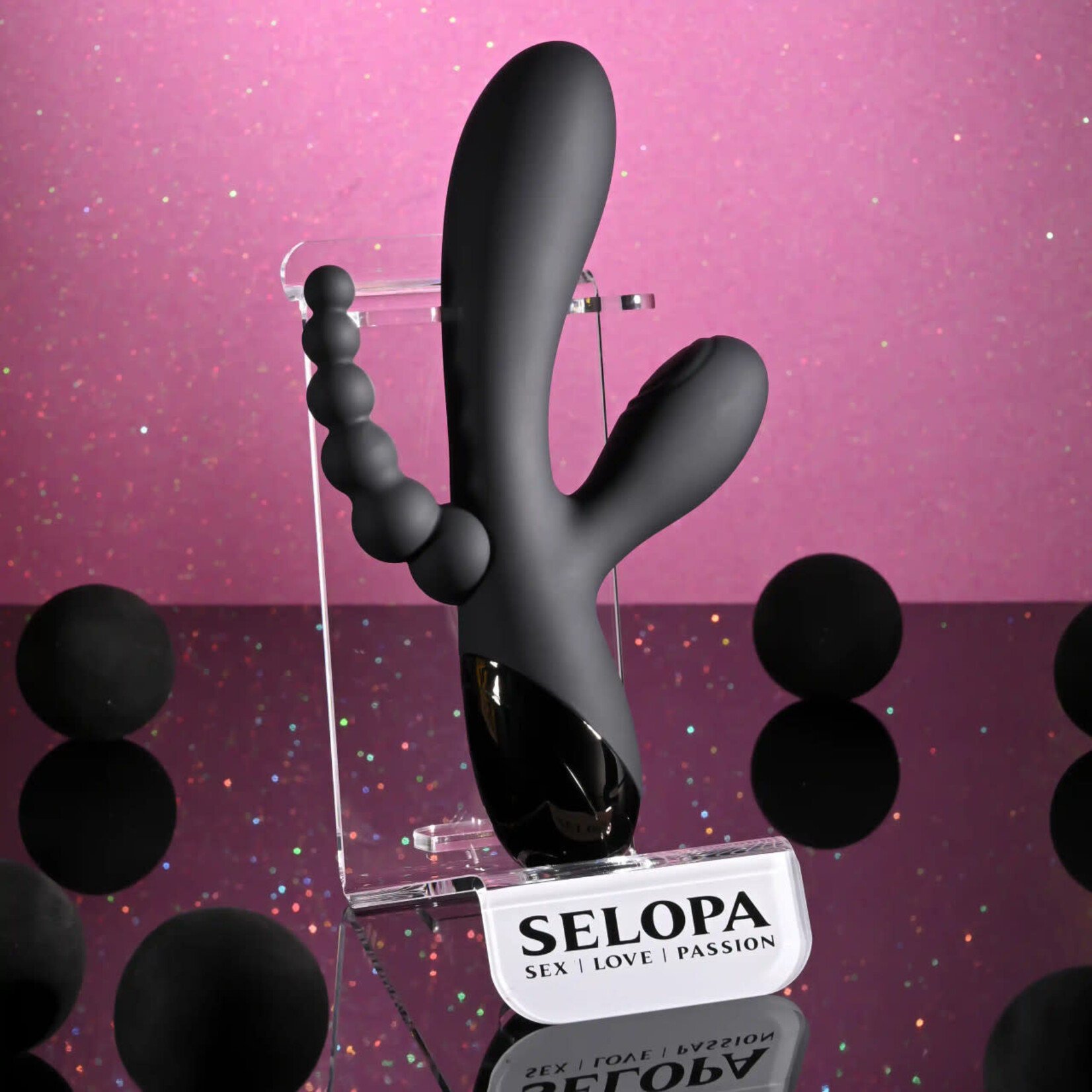 Selopa Triple Aces Rechargeable Silicone Triple Rabbit Vibrator - Black