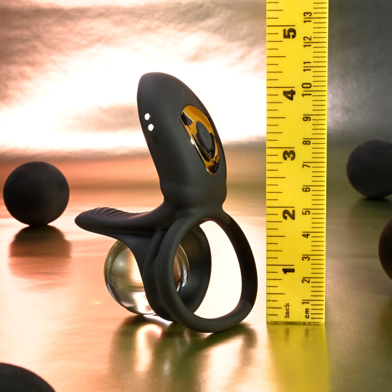 Playboy Just Right Rechargeable Silicone Dual Vibrating Cock Ring with Clitoral Stimulator- Black