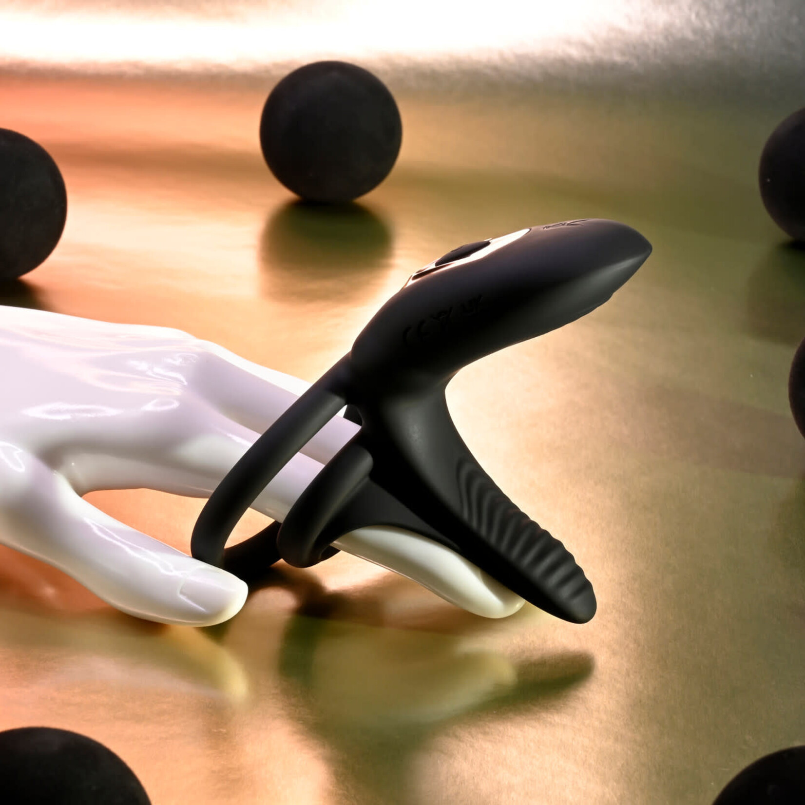 Playboy Just Right Rechargeable Silicone Dual Vibrating Cock Ring with Clitoral Stimulator- Black