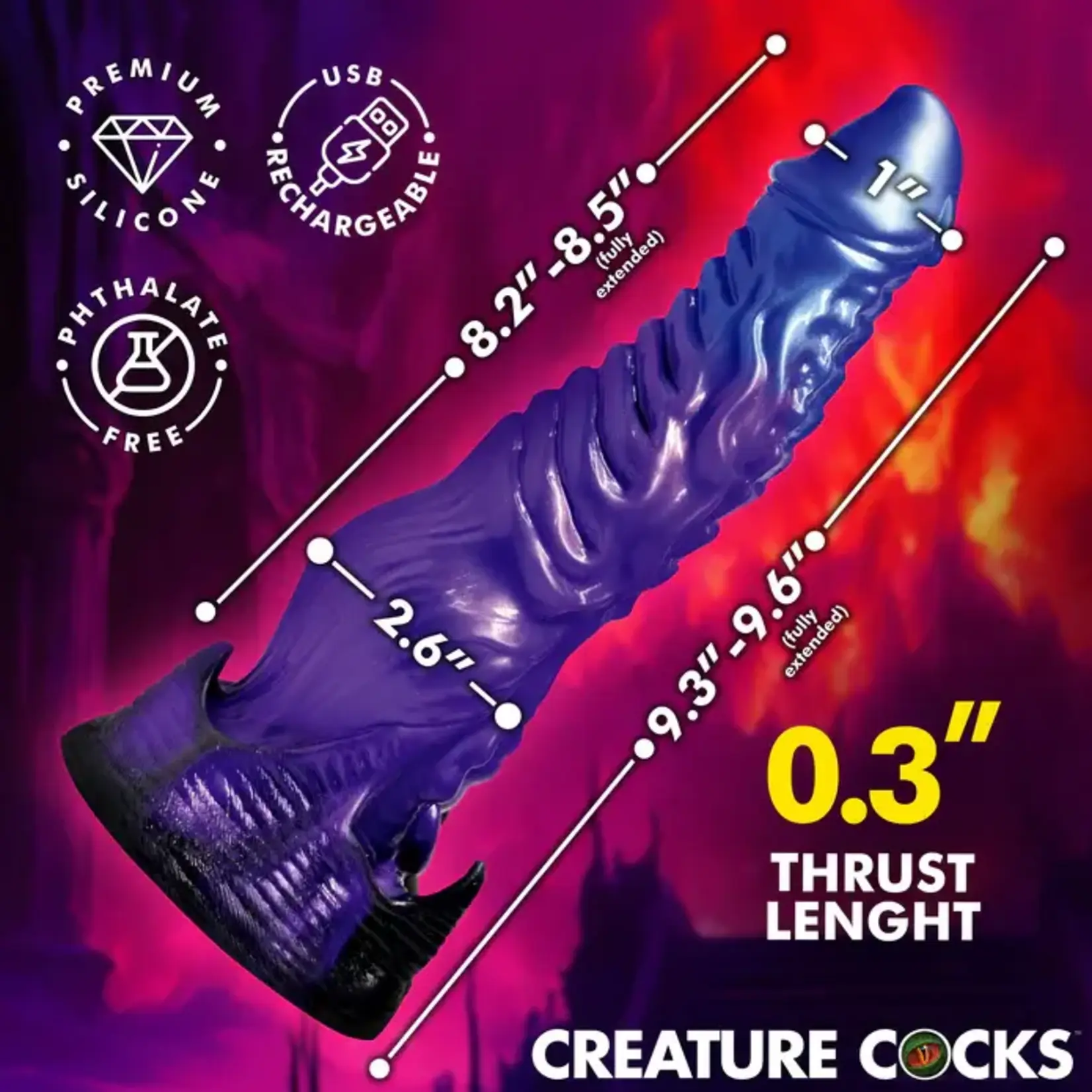 Creature Cocks Diabolos Thrusting & Vibrating Rechargeable Silicone Dildo with Remote Control - Purple/Black