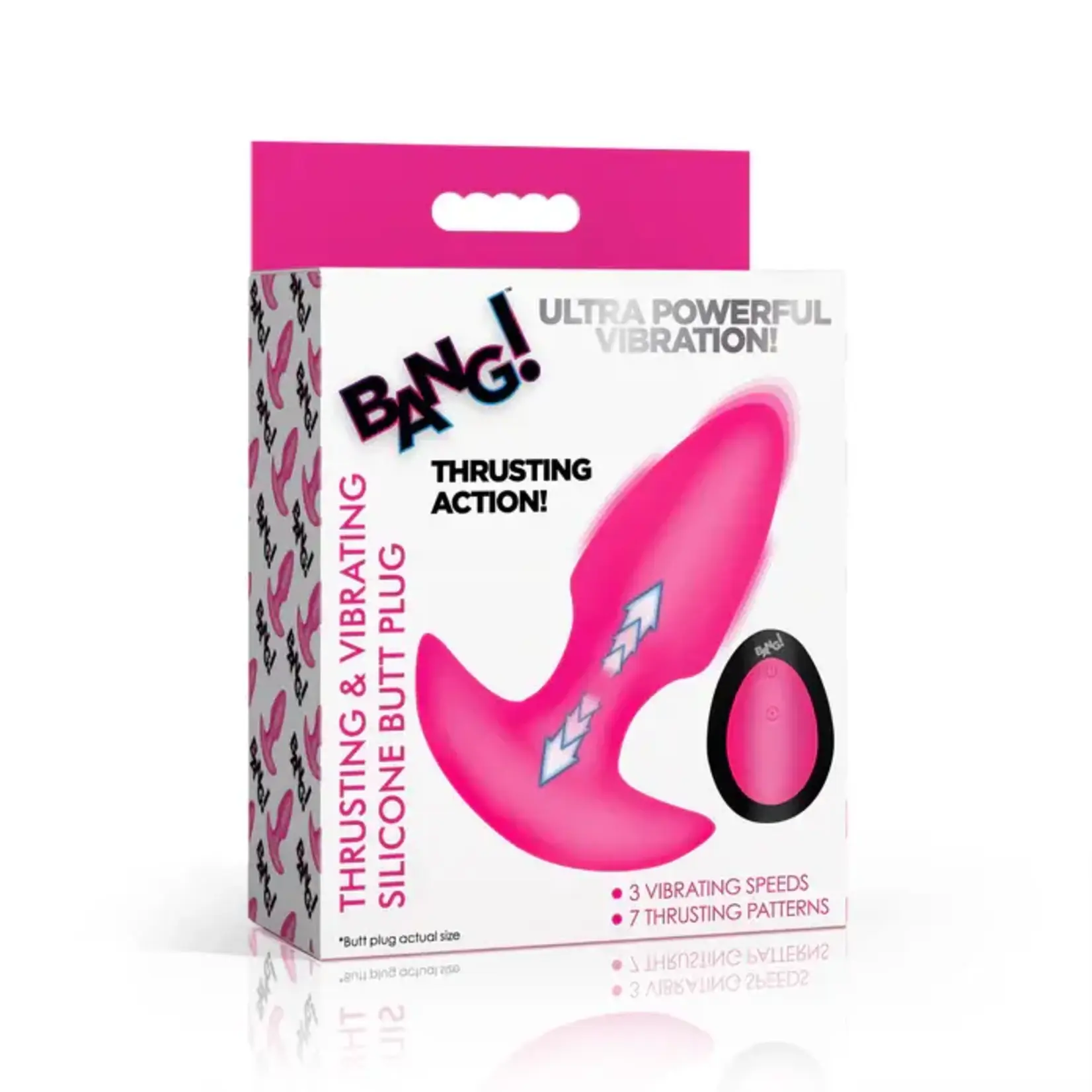Bang! Thrusting & Vibrating Rechargeable Silicone Butt Plug - Pink