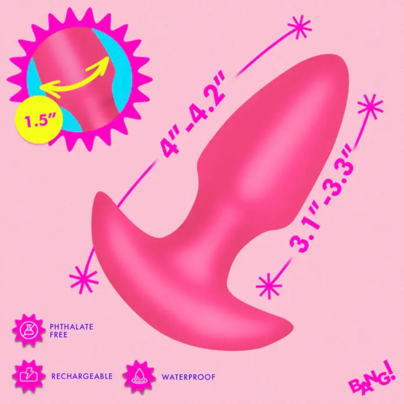 Bang! Thrusting & Vibrating Rechargeable Silicone Butt Plug - Pink