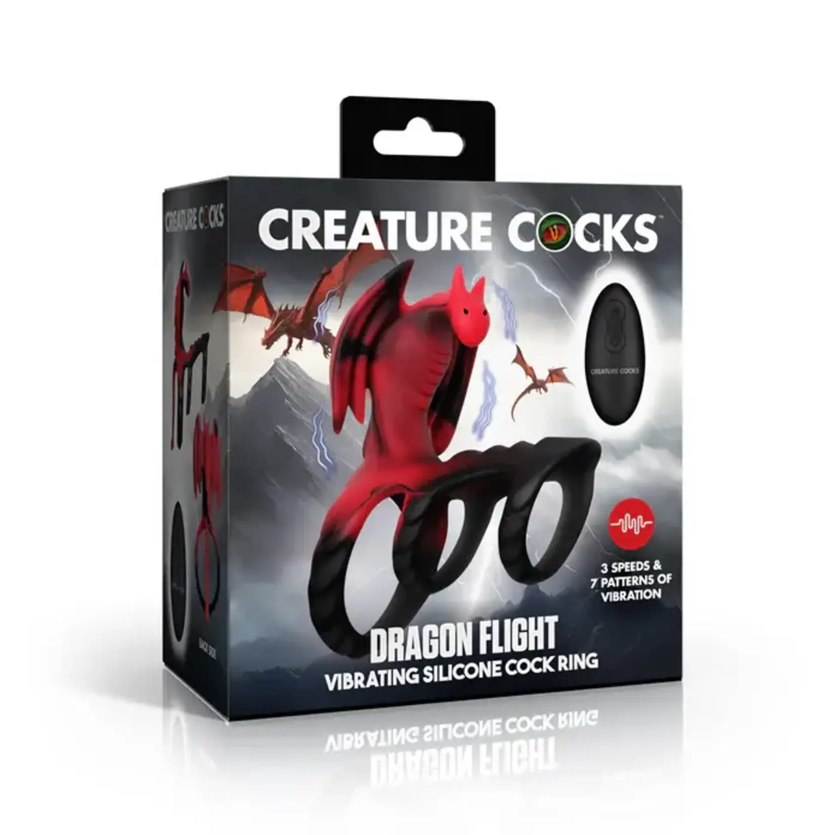 Creature Cocks Dragon Flight Vibrating Rechargeable Silicone Cock Ring with Remote - Red/Black