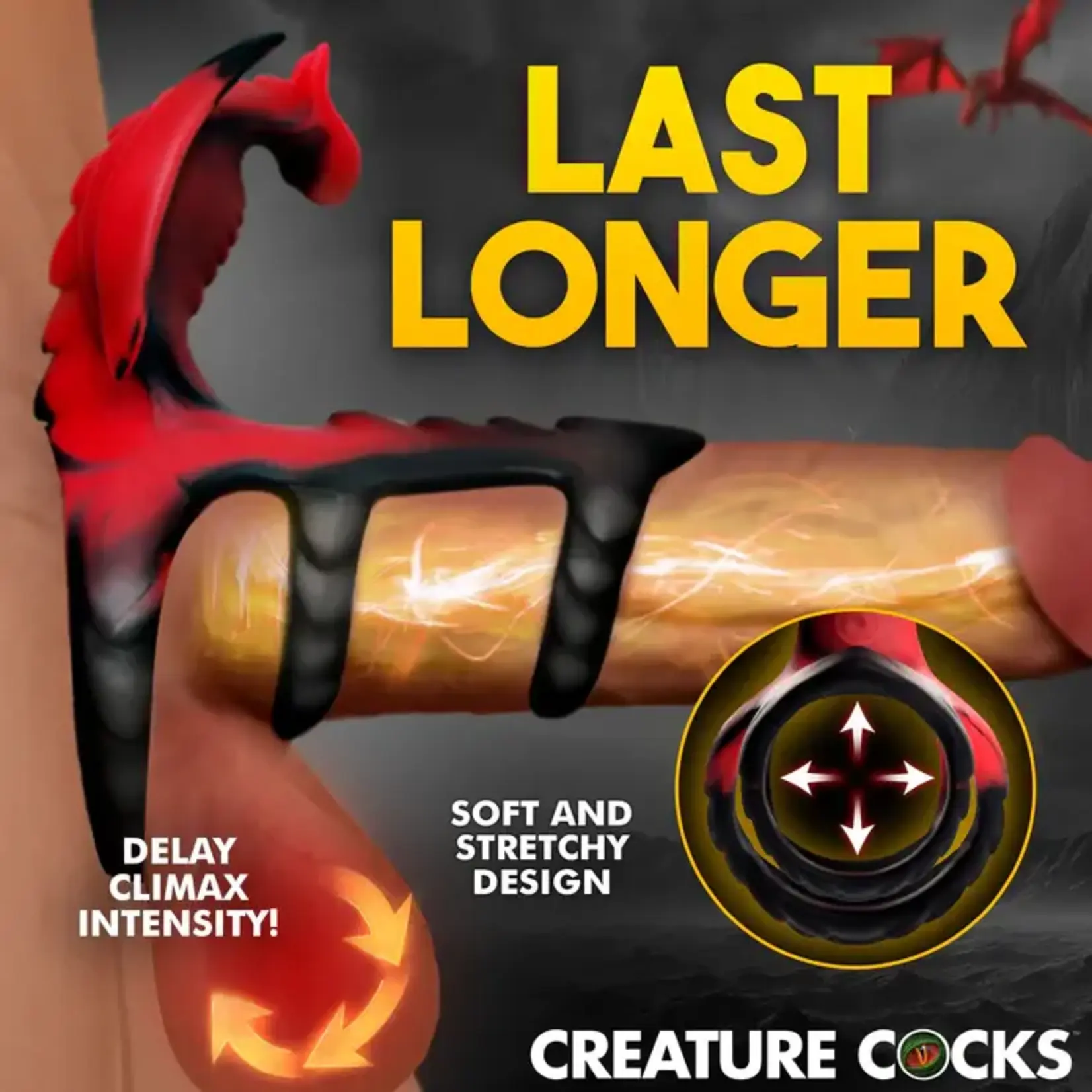 Creature Cocks Dragon Flight Vibrating Rechargeable Silicone Cock Ring with Remote - Red/Black