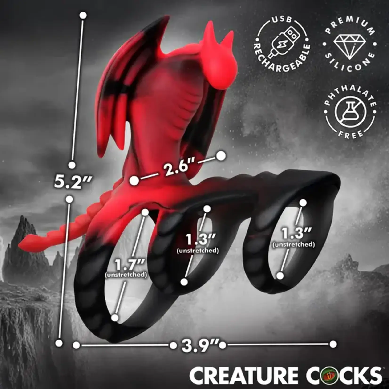 Creature Cocks Dragon Flight Vibrating Rechargeable Silicone Cock Ring with Remote - Red/Black