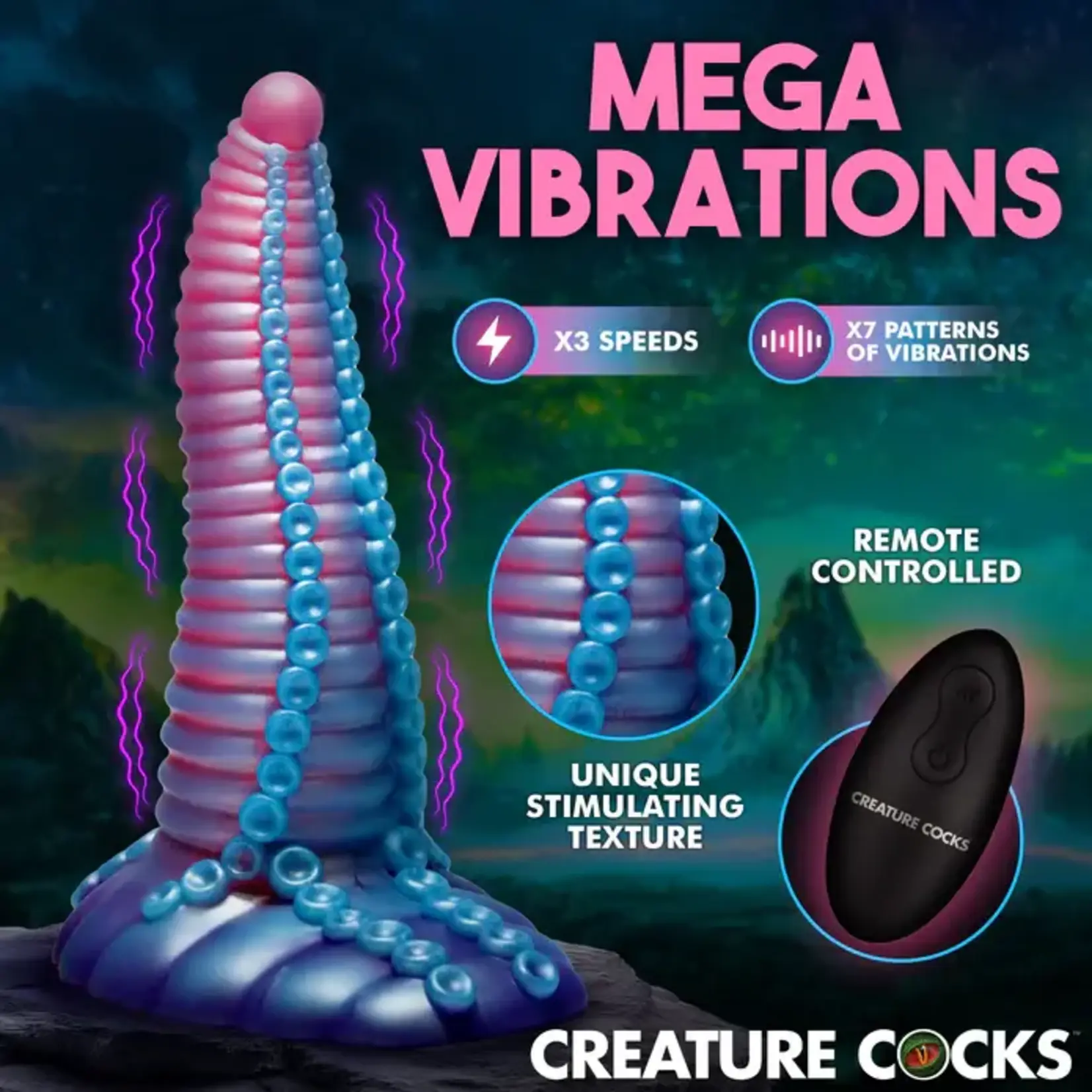Creature Cocks Mega-Tenta Vibrating Rechargeable Silicone Dildo with Remote Control - Multicolor