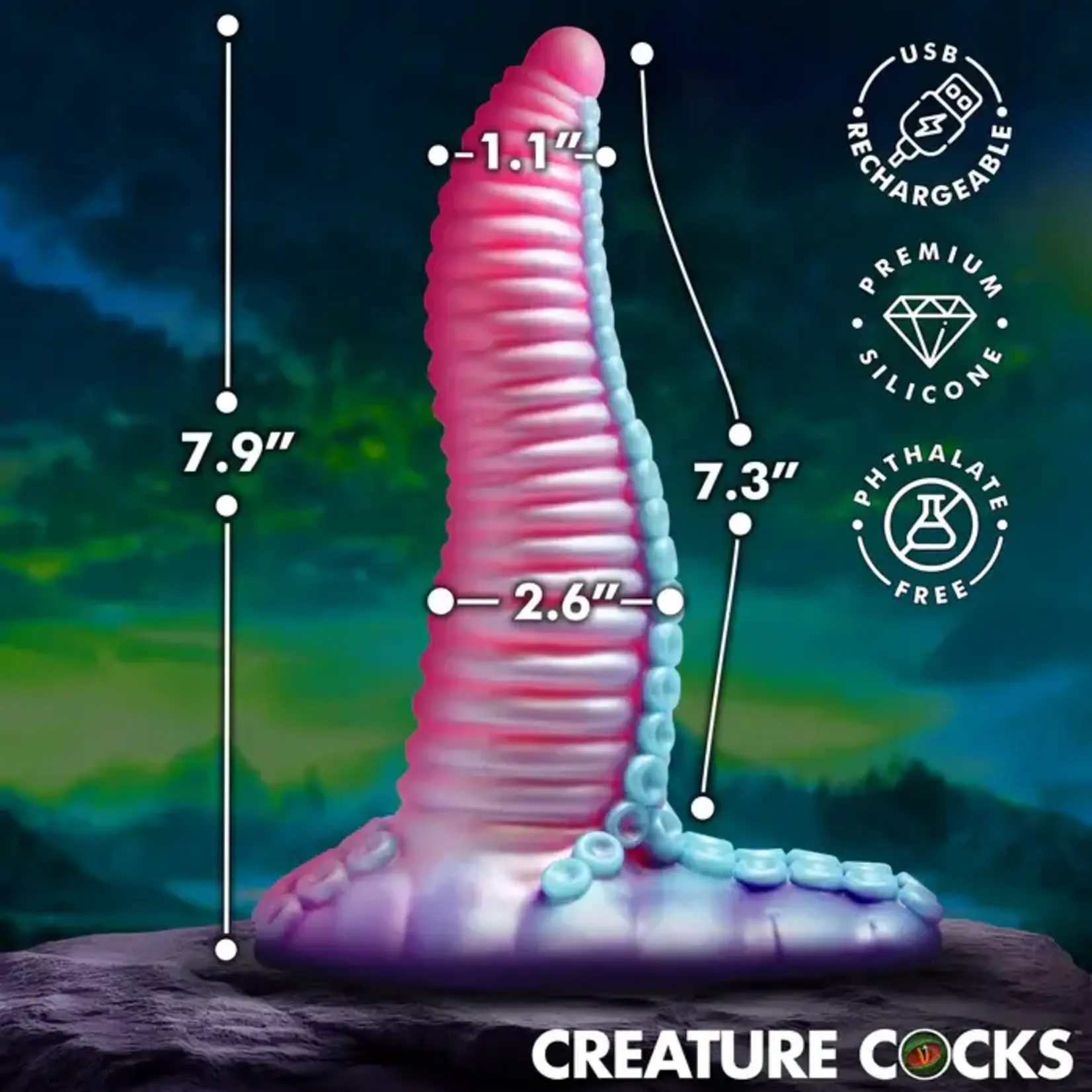 Creature Cocks Mega-Tenta Vibrating Rechargeable Silicone Dildo with Remote Control - Multicolor