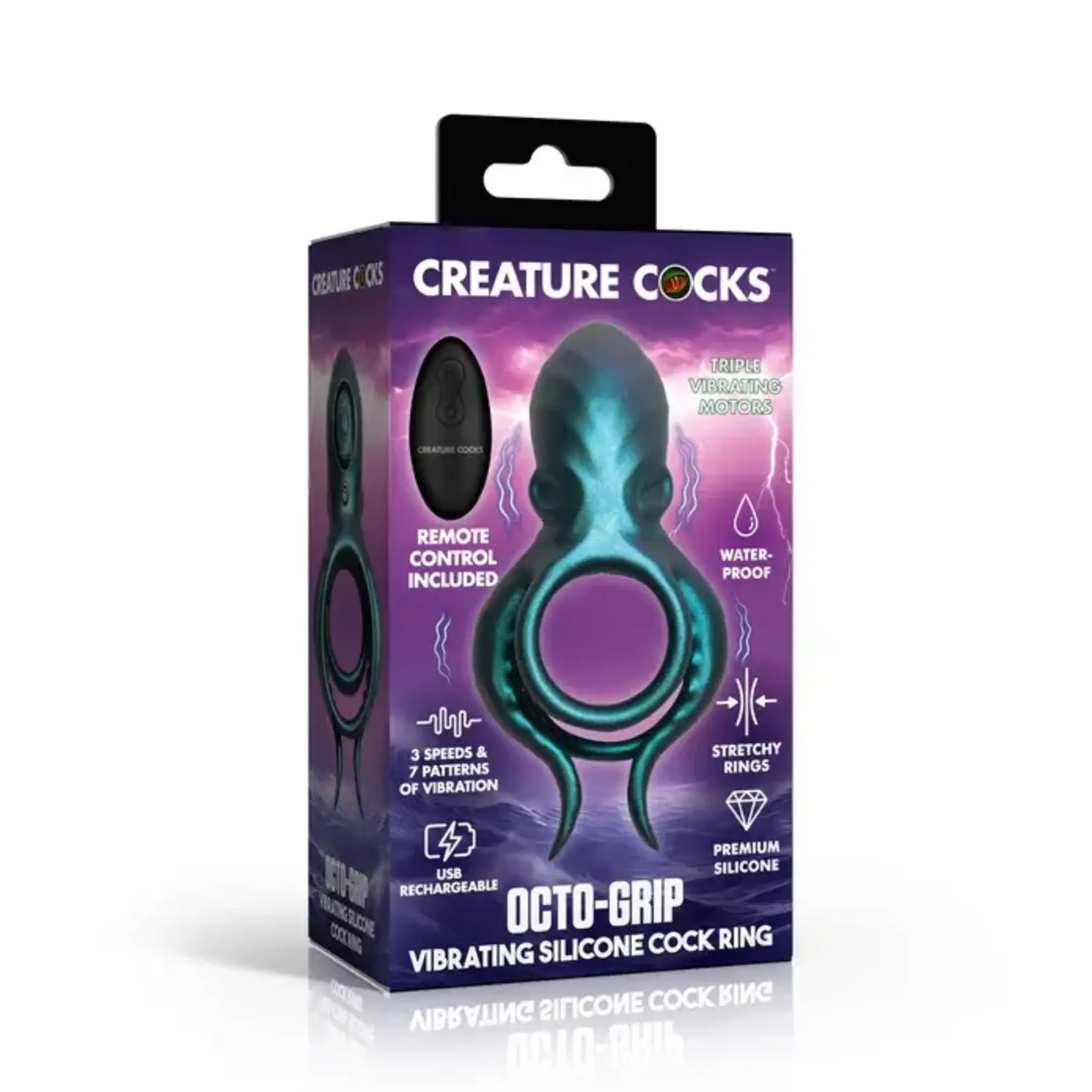 Creature Cocks Octo Grip Vibrating Rechargeable Silicone Cock Ring with Remote - Blue