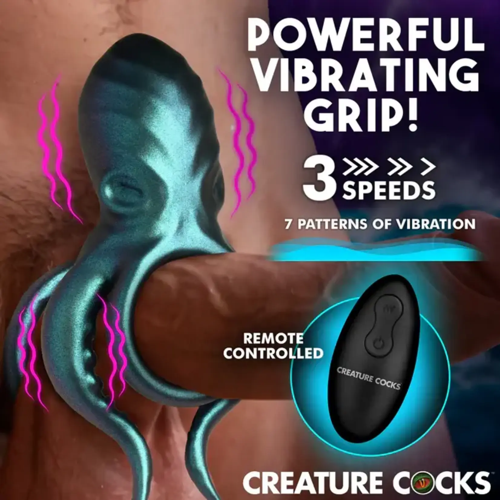 Creature Cocks Octo Grip Vibrating Rechargeable Silicone Cock Ring with Remote - Blue