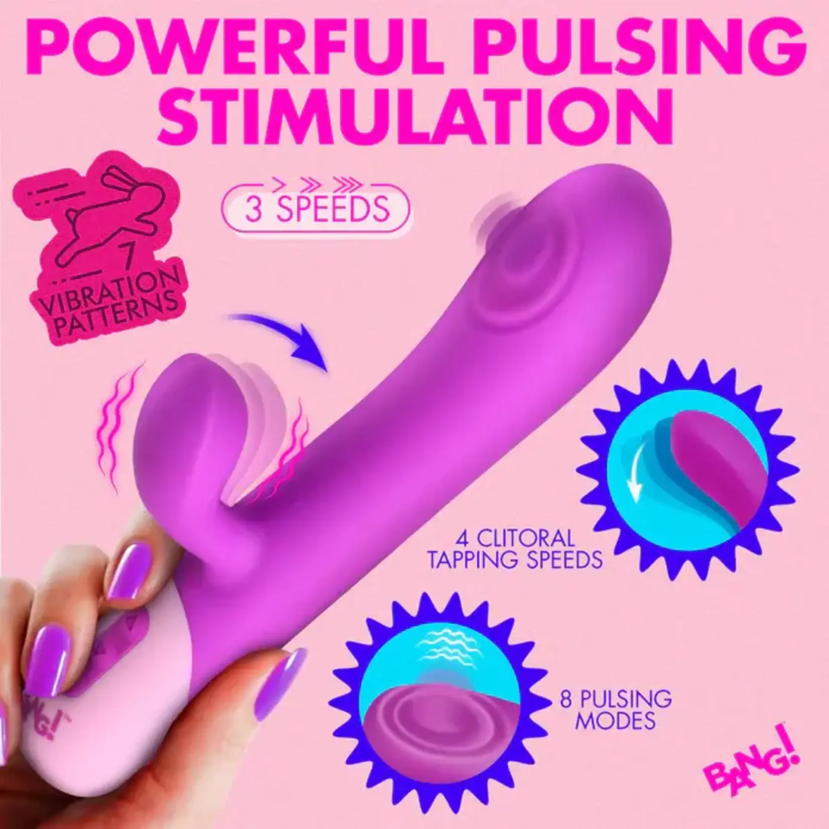 Bang! Clit Tapping Pulsing Rechargeable Silicone Rabbit Vibrator - Purple