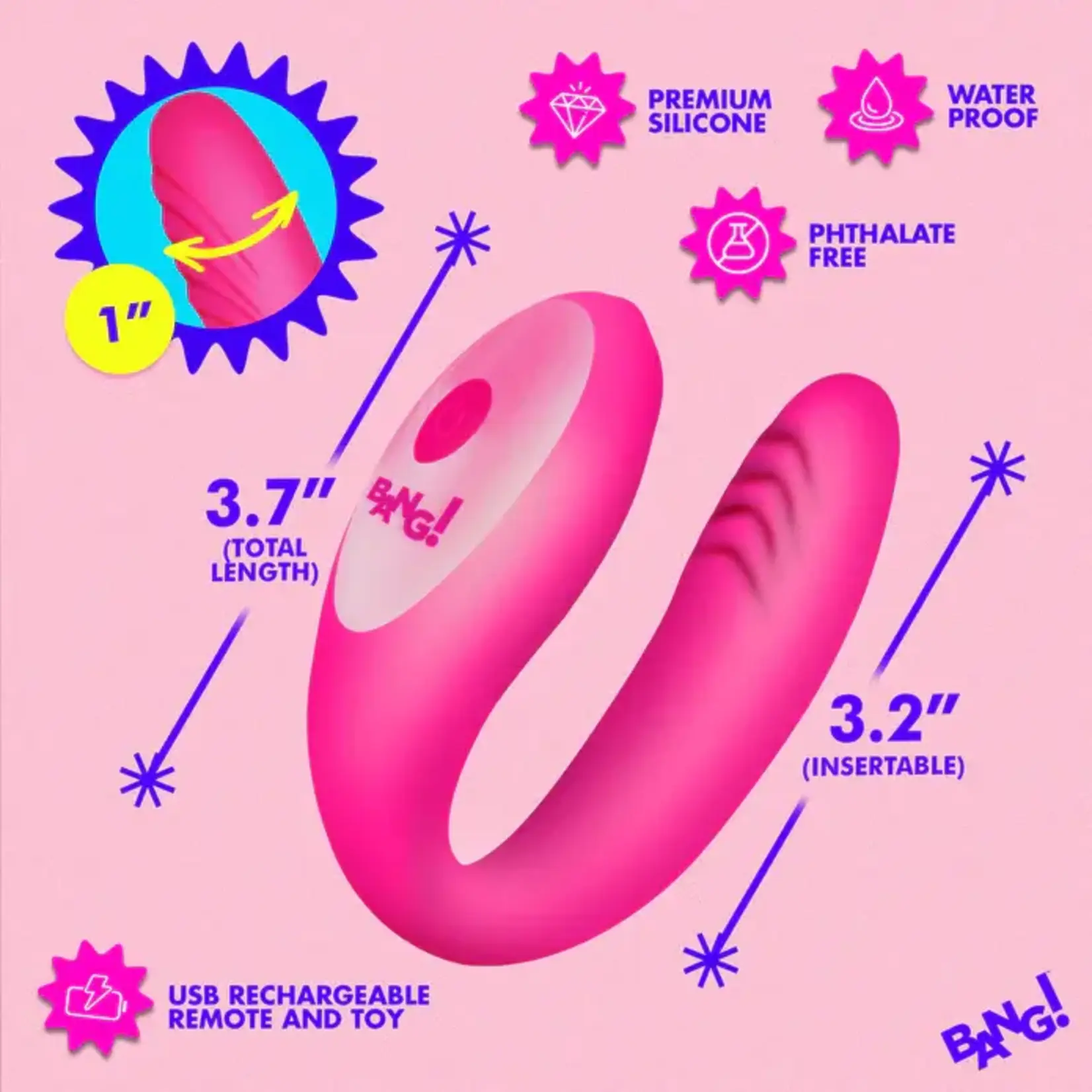 Bang! Gyrating G-Spot Rechargeable Silicone Dual Stimulating Vibrator with Remote - Pink