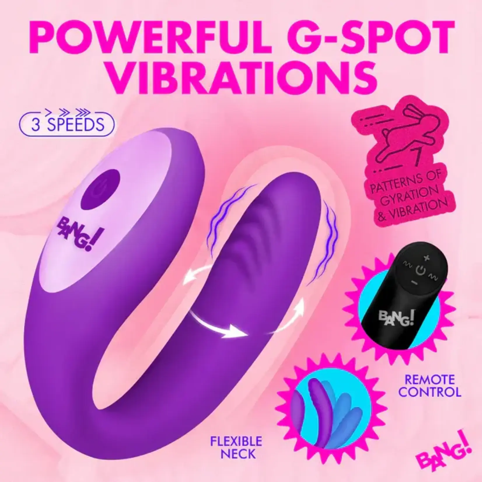 Bang! Gyrating G-Spot Rechargeable Silicone Dual Stimulating Vibrator with Remote - Purple