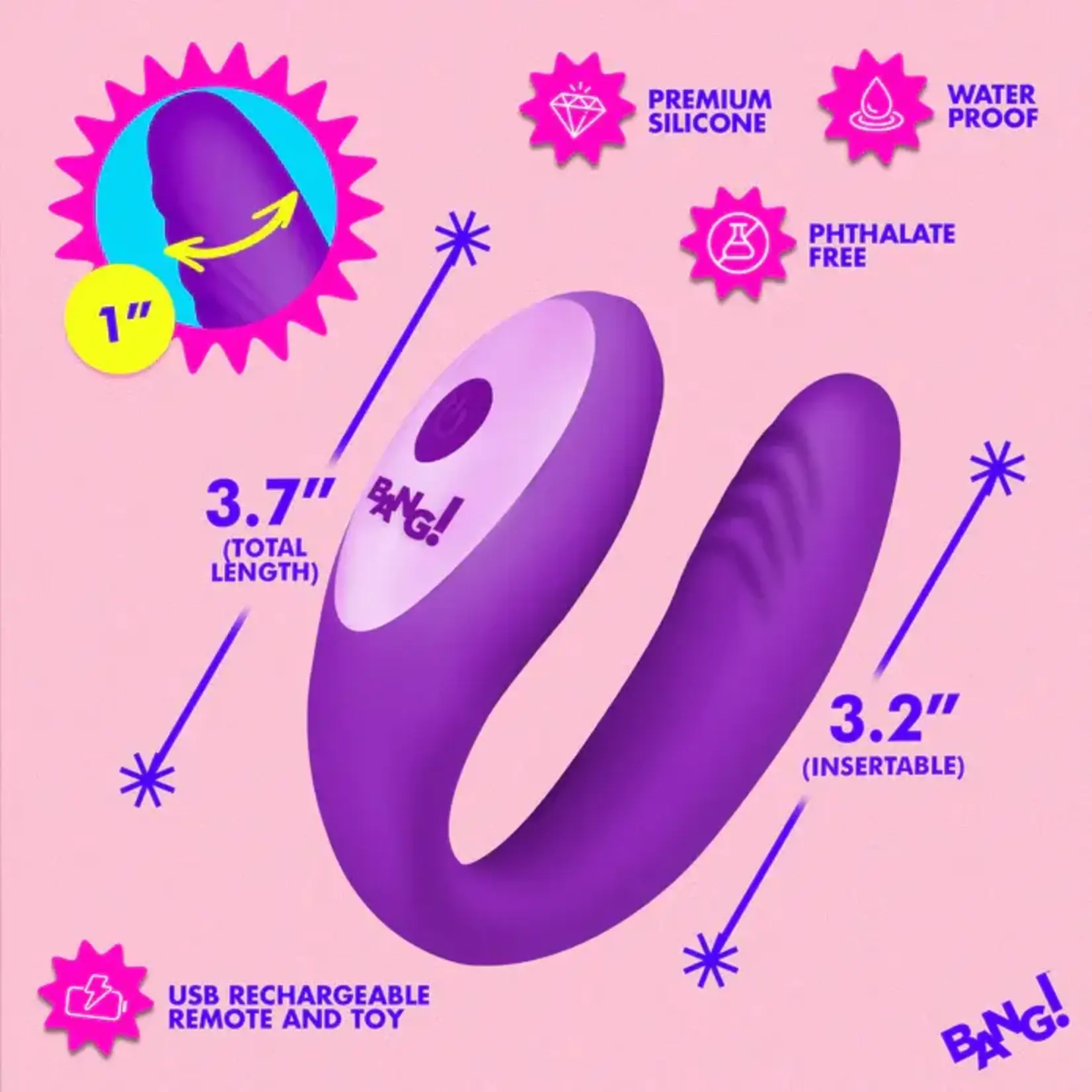 Bang! Gyrating G-Spot Rechargeable Silicone Dual Stimulating Vibrator with Remote - Purple