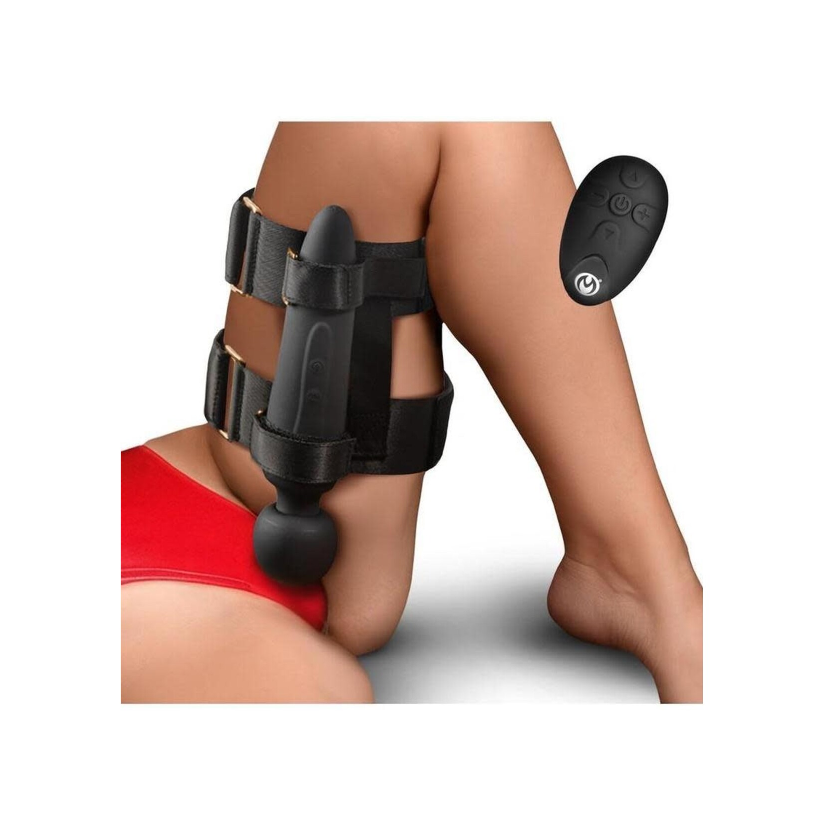 Master Series Thunderstick Thigh Strap Rechargeable Vibrating Wand with Harness - Black