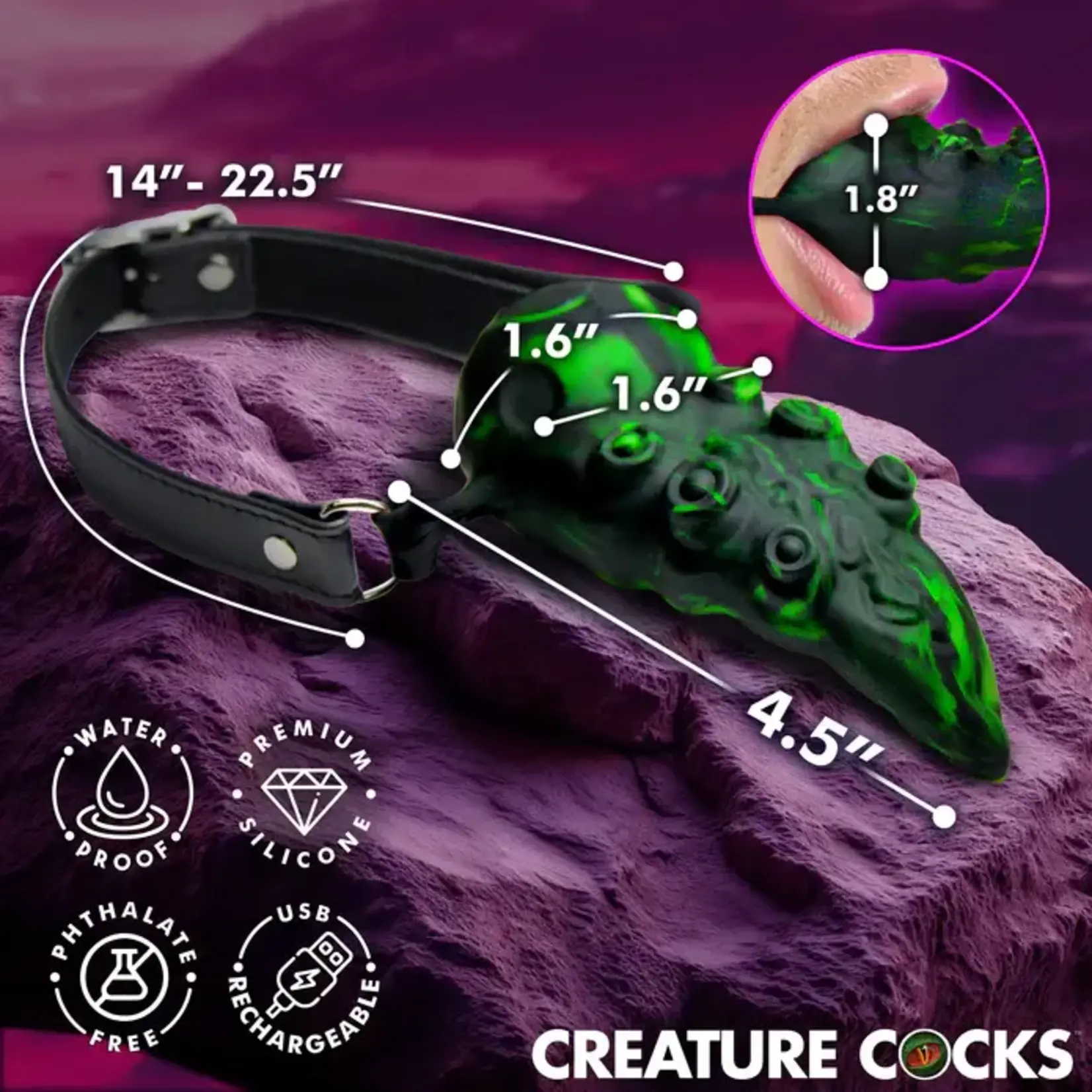 Creature Cocks Dragon's Lick Vibrating Rechargeable Silicone Oral Enhancer with Harness - Green/Black