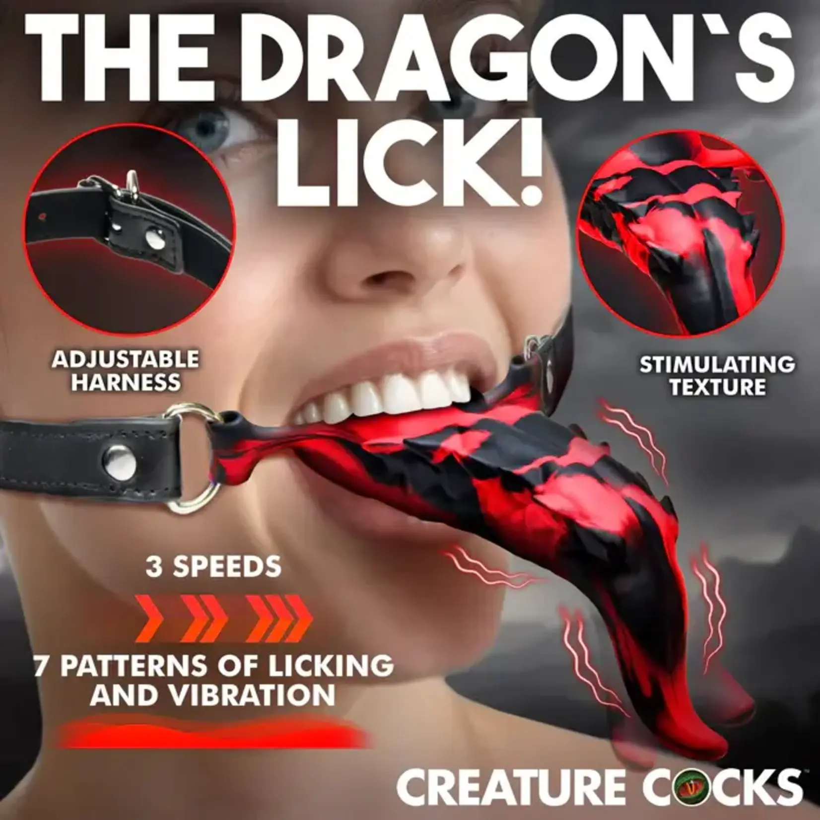 Creature Cocks Demon's Tongue Vibrating Rechargeable Silicone Oral Enhancer with Harness - Red/Black