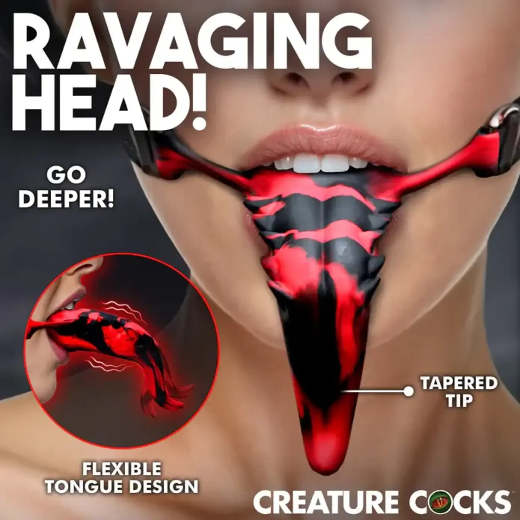 Creature Cocks Demon's Tongue Vibrating Rechargeable Silicone Oral Enhancer with Harness - Red/Black