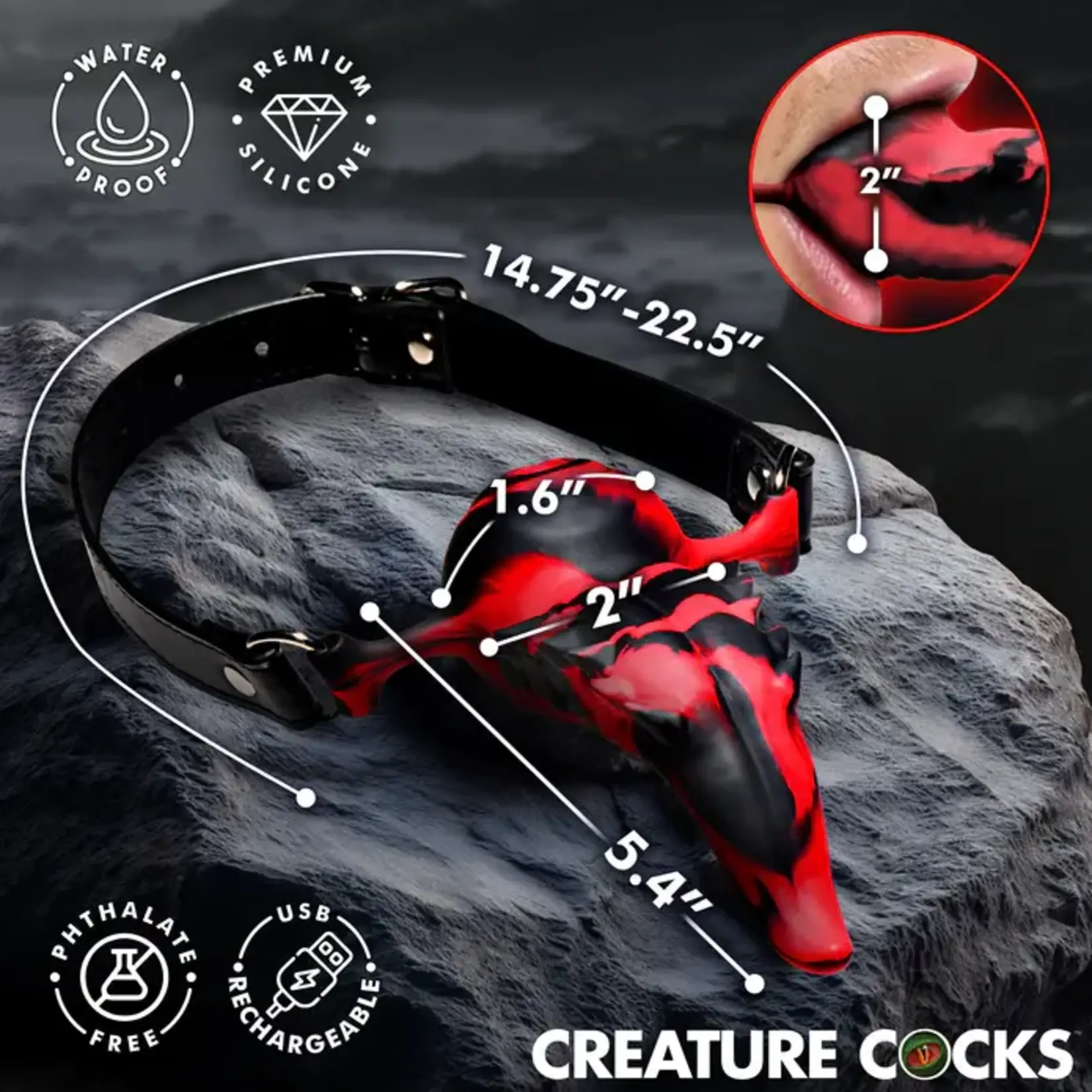 Creature Cocks Demon's Tongue Vibrating Rechargeable Silicone Oral Enhancer with Harness - Red/Black