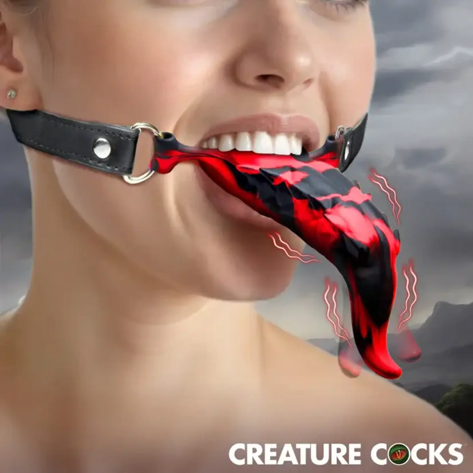 Creature Cocks Demon's Tongue Vibrating Rechargeable Silicone Oral Enhancer with Harness - Red/Black