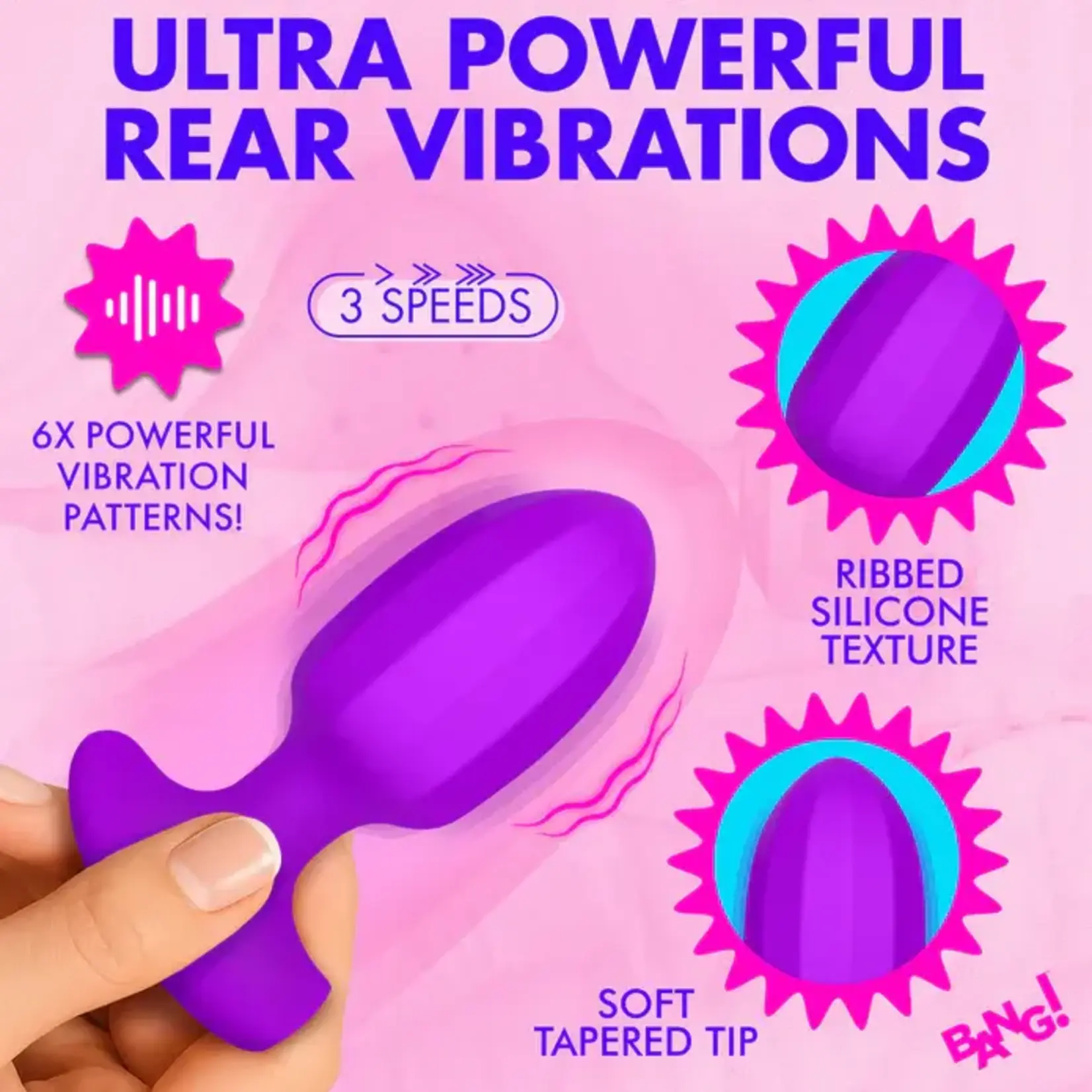 Bang! Ribbed Vibrating Silicone Butt Plug - Purple