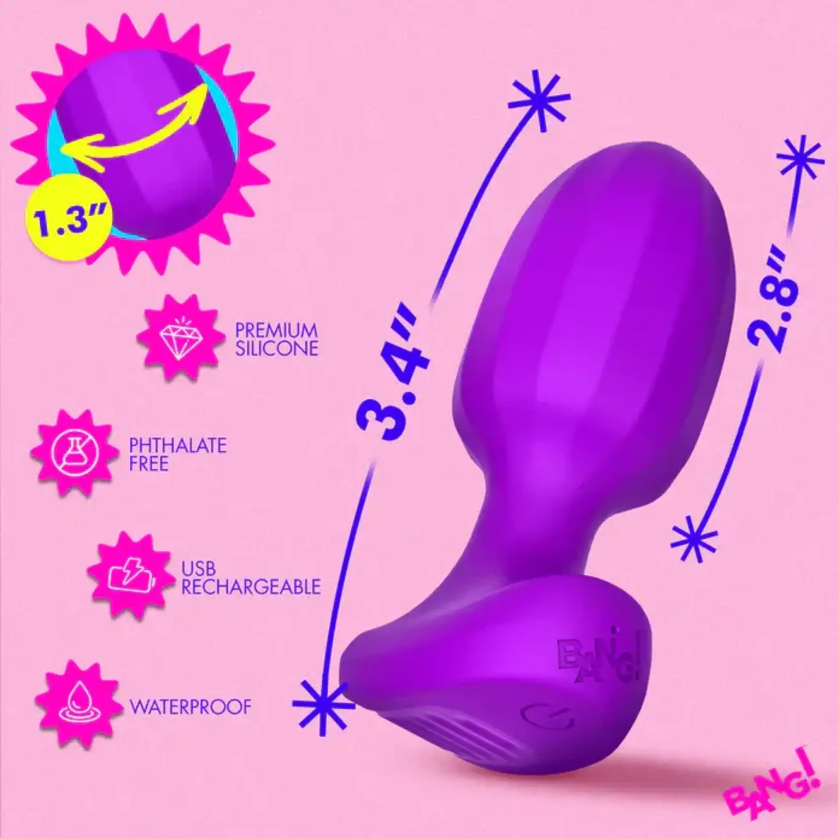 Bang! Ribbed Vibrating Silicone Butt Plug - Purple