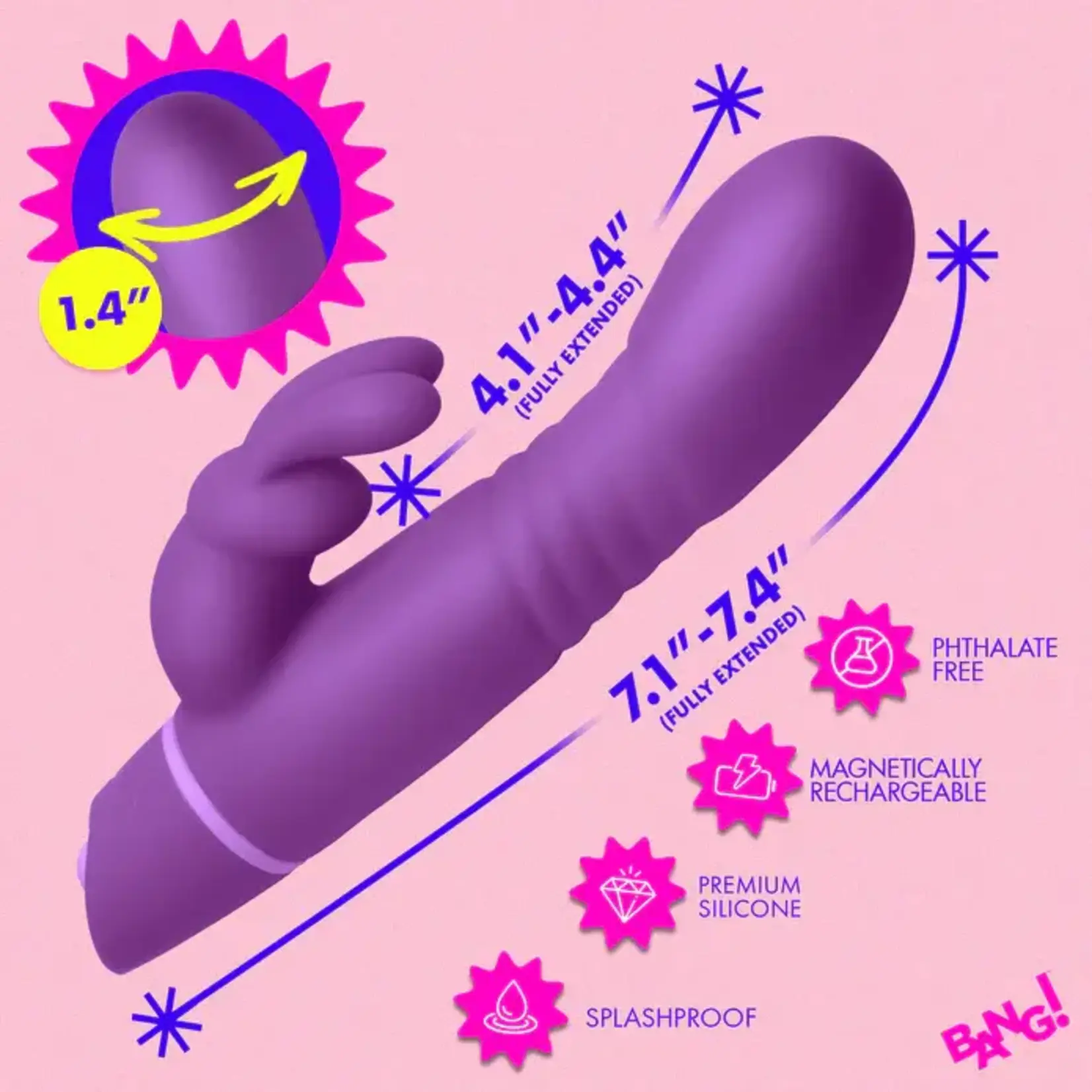 Bang! Thrusting Rechargeable Silicone Rabbit Vibrator - Purple