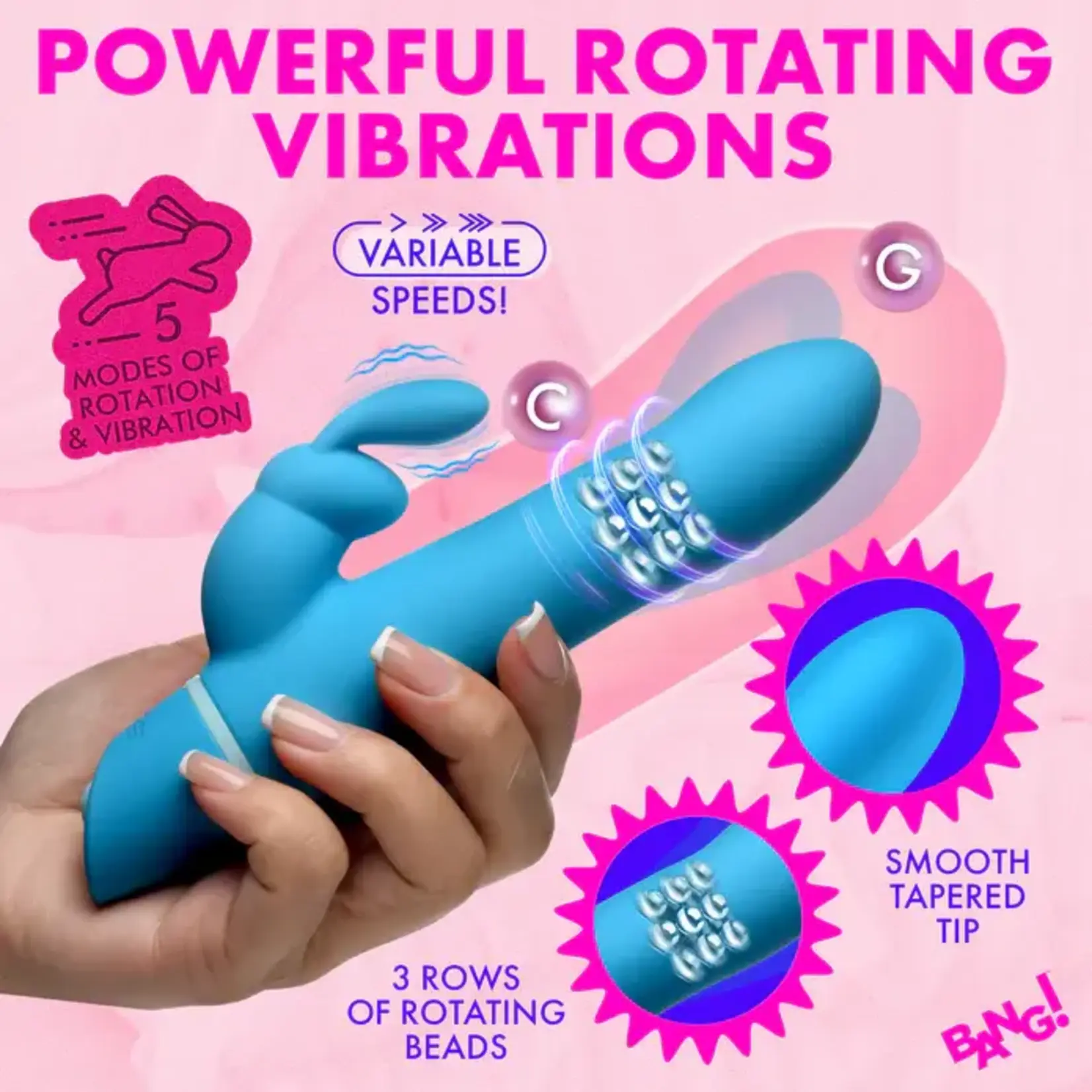 Bang! Rotating Beads Rechargeable Silicone Rabbit Vibrator- Blue