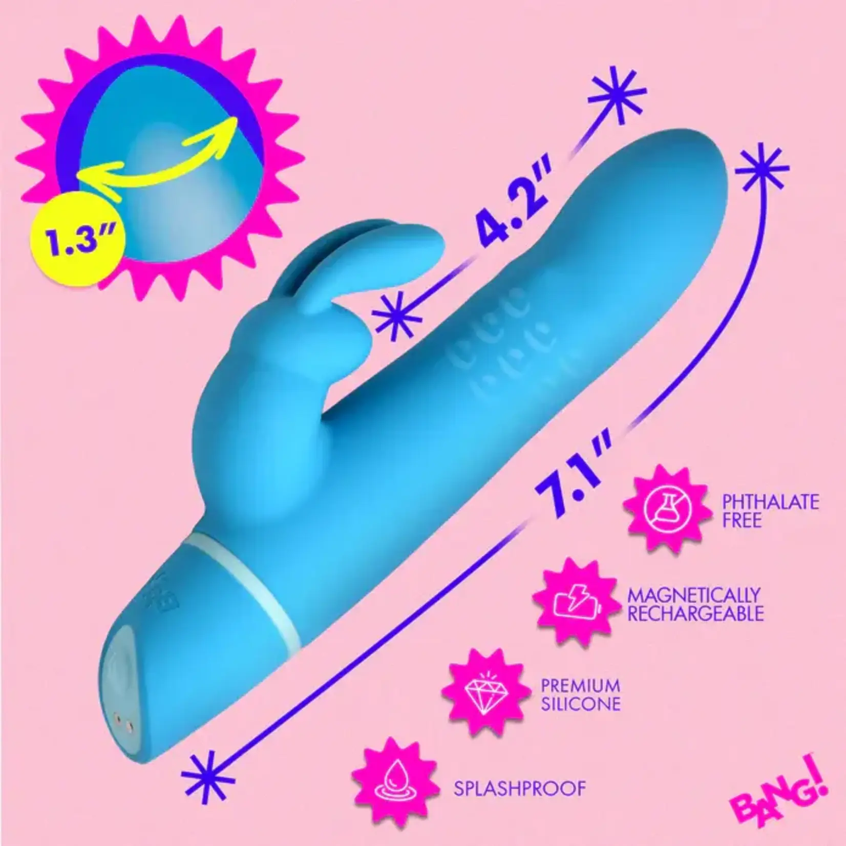 Bang! Rotating Beads Rechargeable Silicone Rabbit Vibrator- Blue