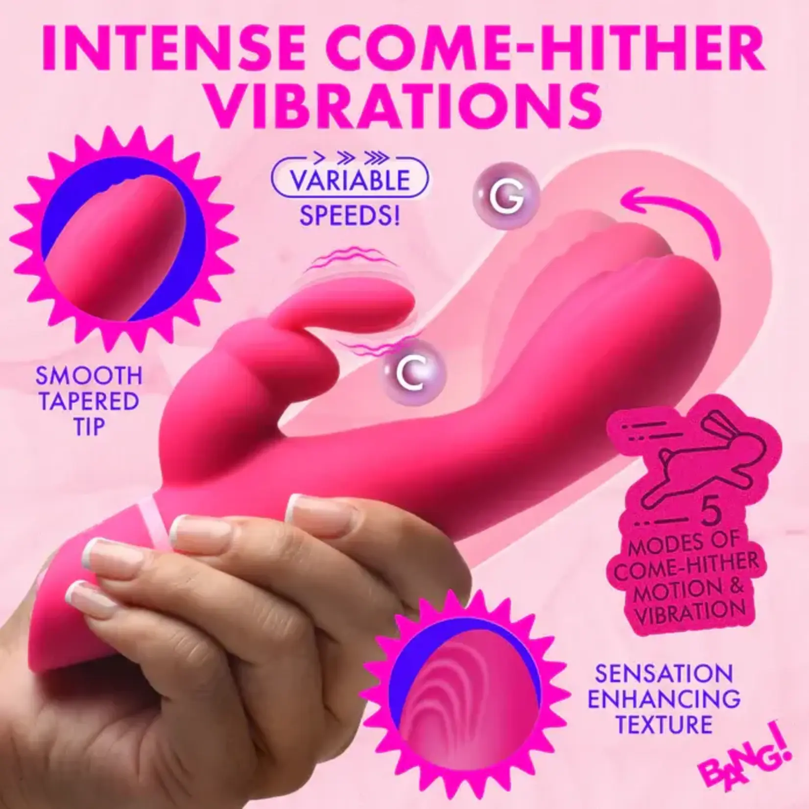 Bang! Come Hither Rechargeable Silicone Rabbit Vibrator - Pink